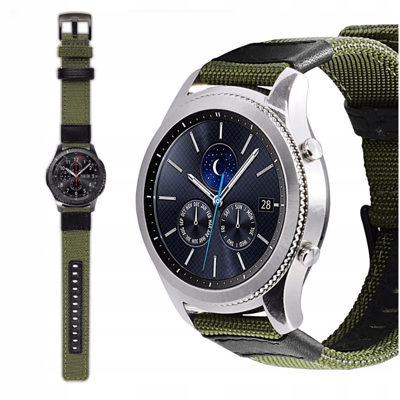 Smartwatch z ciemnoniebieską tarczą, fazą księżyca i datą. Zielony pasek.