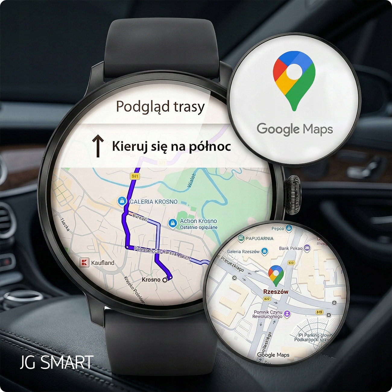 Smartwatch wyświetla nawigację Google Maps z trasami.