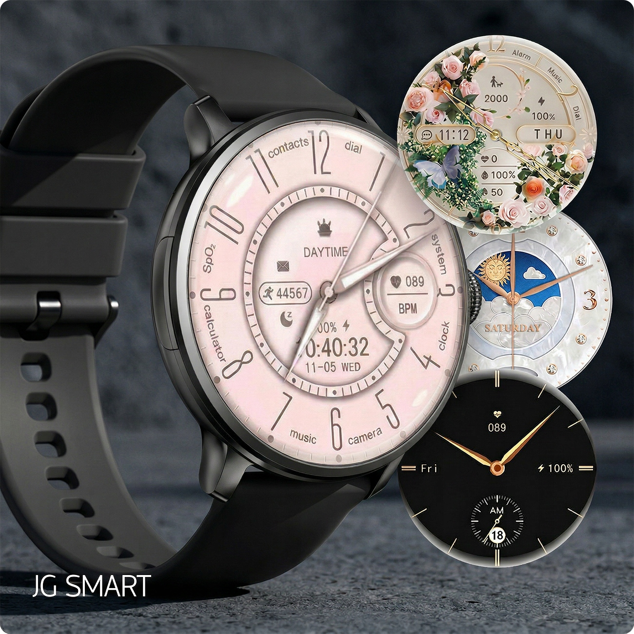 Smartwatch z wieloma tarczami, pokazujący czas, datę i wskaźniki zdrowia.