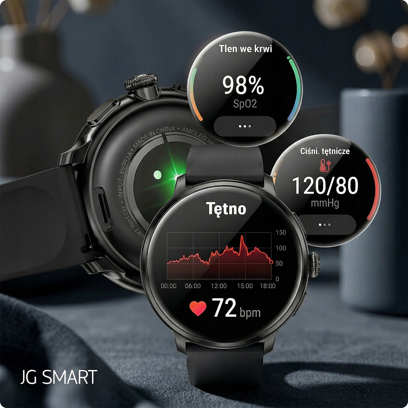 Czarny smartwatch pokazuje SpO2 98%, tętno 72 bpm i ciśnienie 120/80 mmHg.