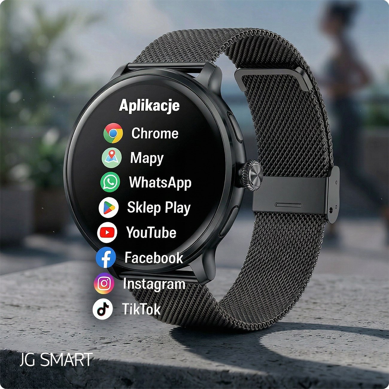 Czarny smartwatch JG SMART wyświetlający ikony aplikacji, takie jak Chrome, Mapy, WhatsApp, YouTube.