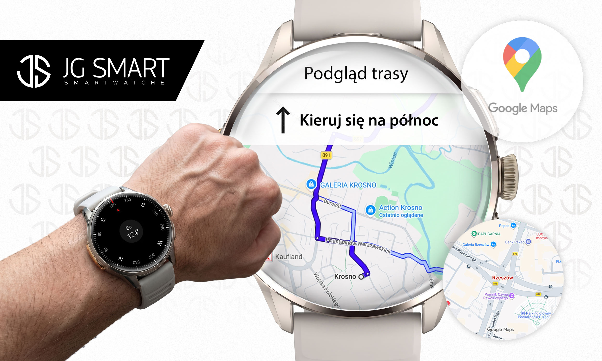 Smartwatch wyświetla nawigację Google Maps z trasą z Krosna do Rzeszowa.