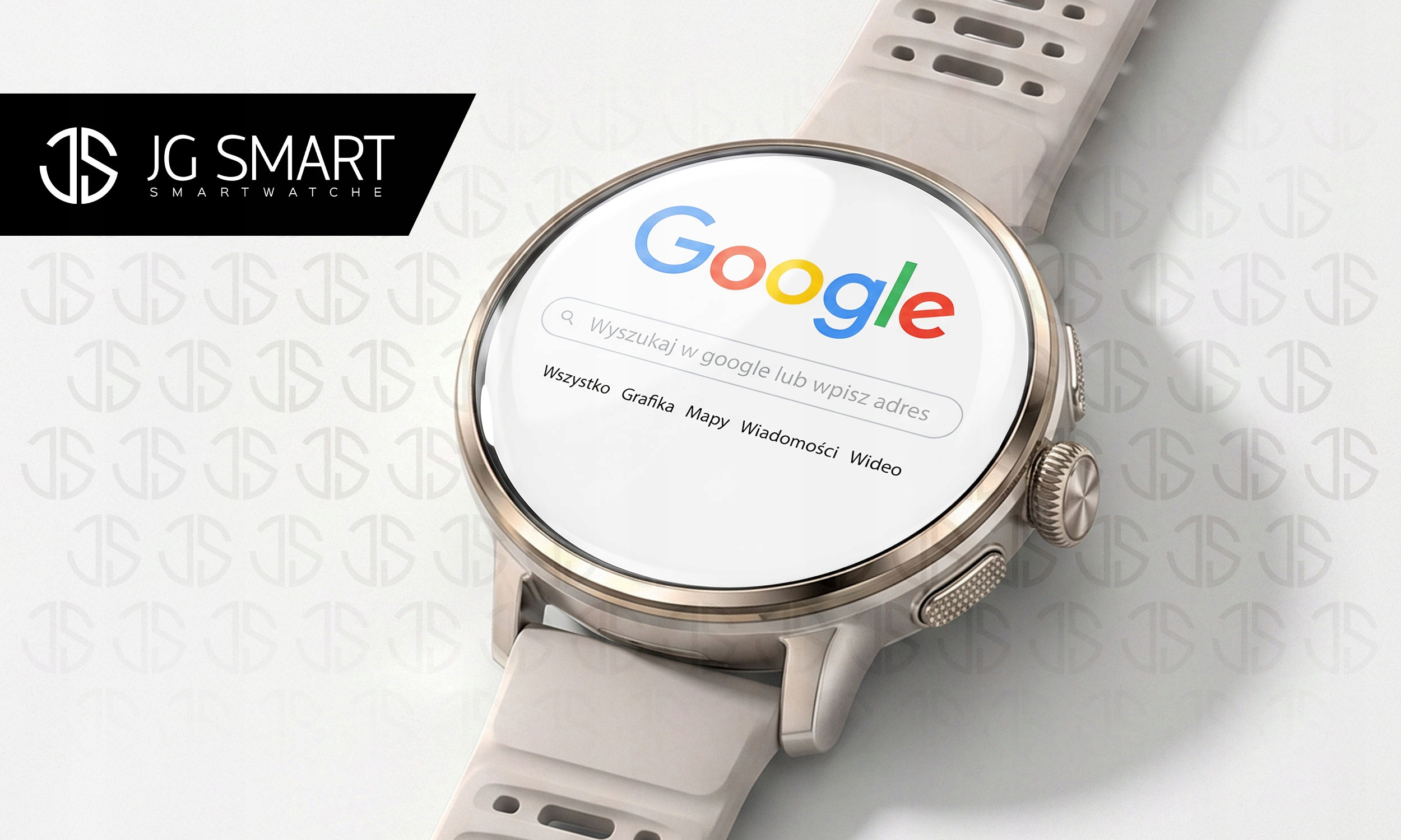 Zbliżenie jasnobeżowego smartwatcha z logo Google na ekranie.
