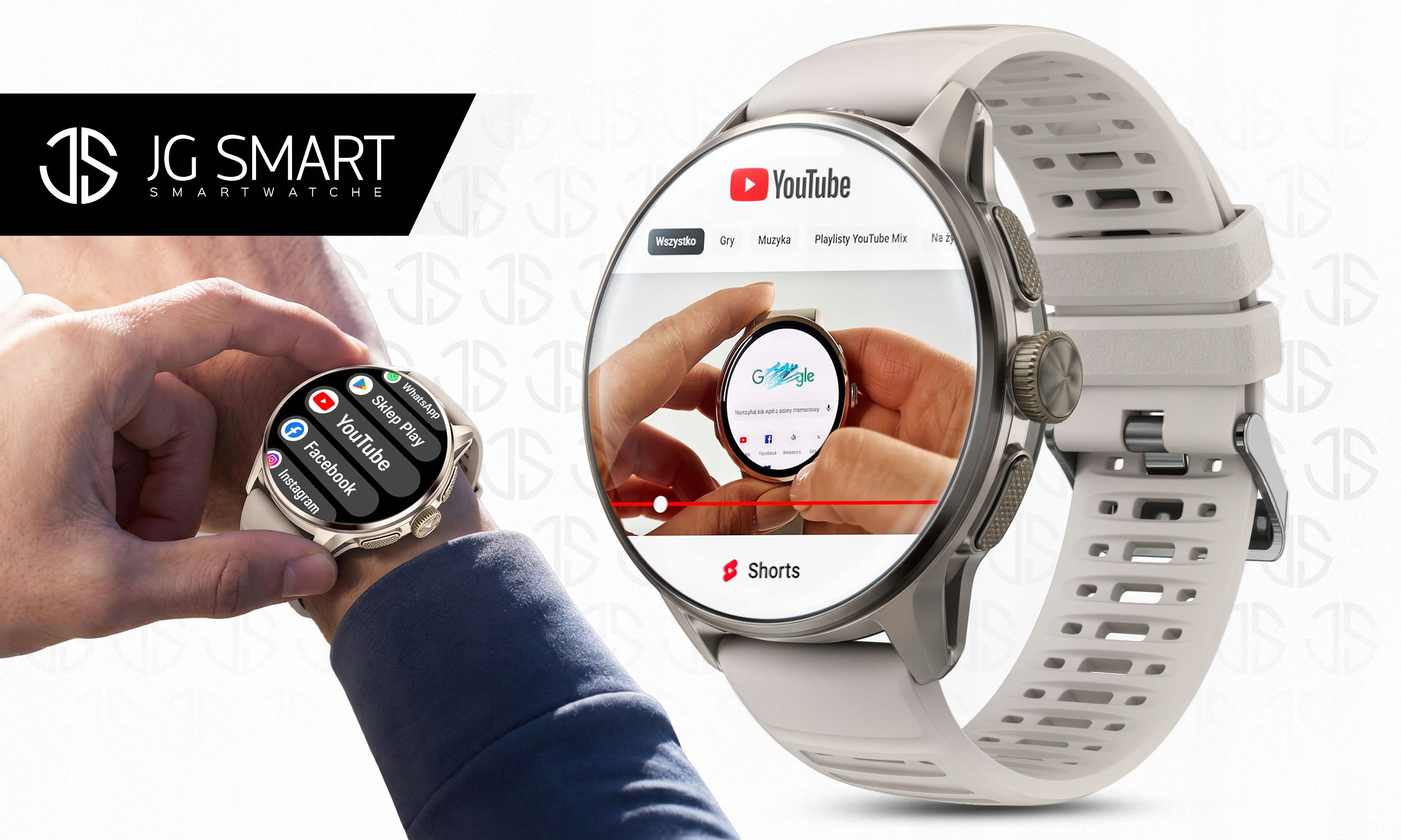 Biały smartwatch z białym paskiem wyświetla aplikacje. Drugi smartwatch pokazuje YouTube.