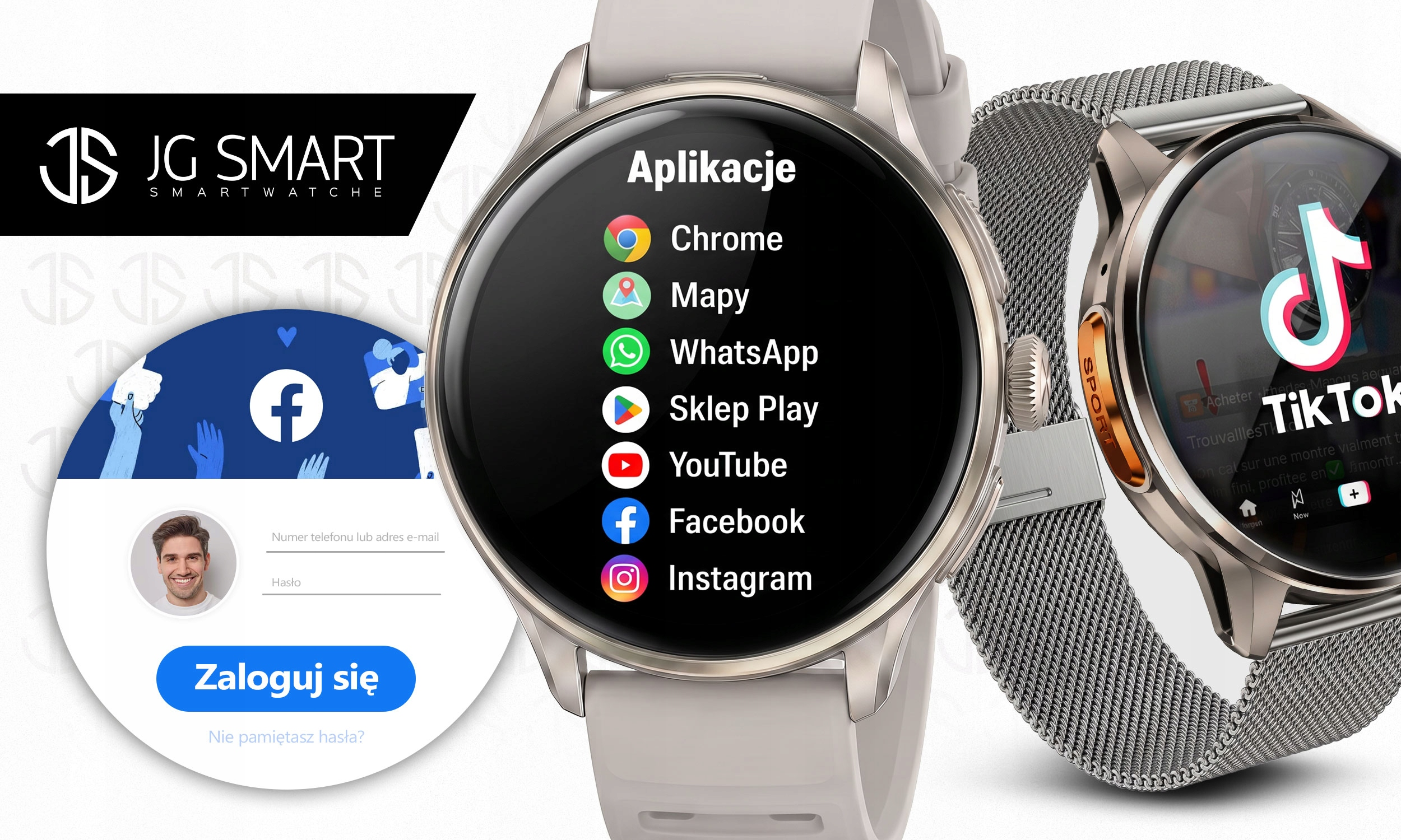 Smartwatch z listą aplikacji, drugi z TikTokiem i ekranem logowania.