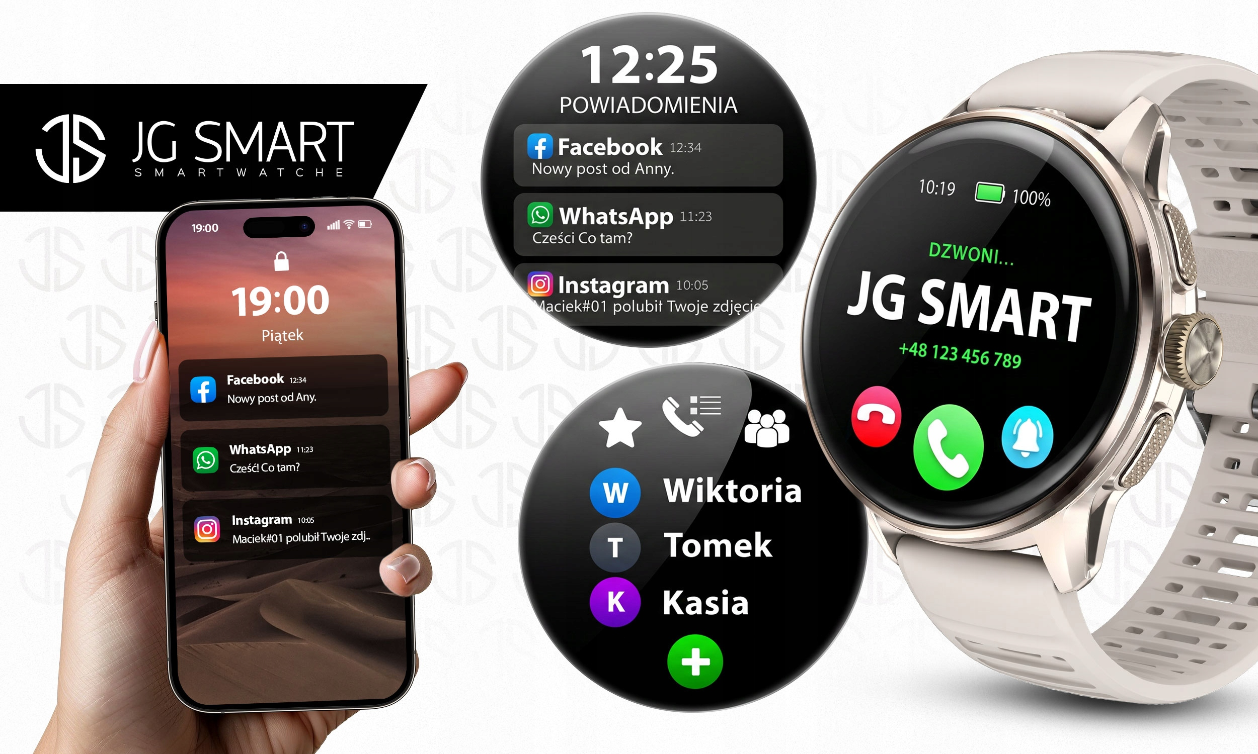 Dłoń trzyma smartfon z powiadomieniami. Obok smartwatch pokazuje połączenia.