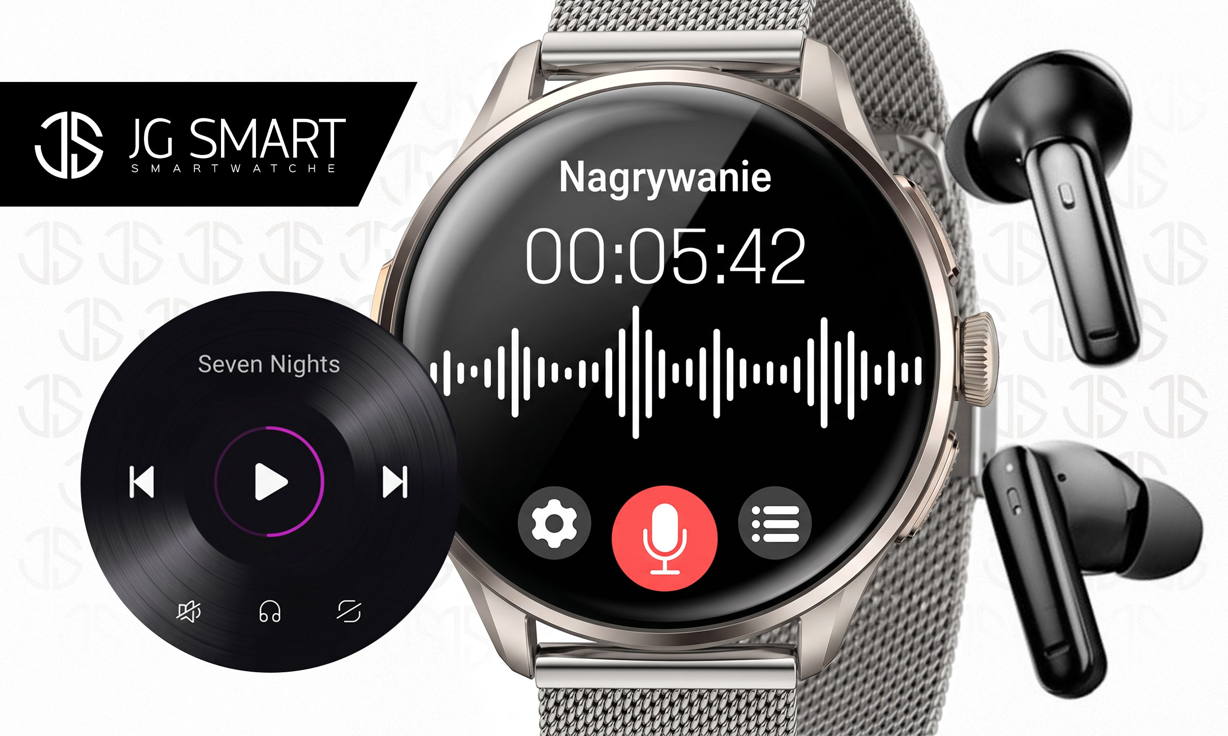 Smartwatch ze słuchawkami i ikoną płyty. Pokazuje czas nagrywania 00:05:42.
