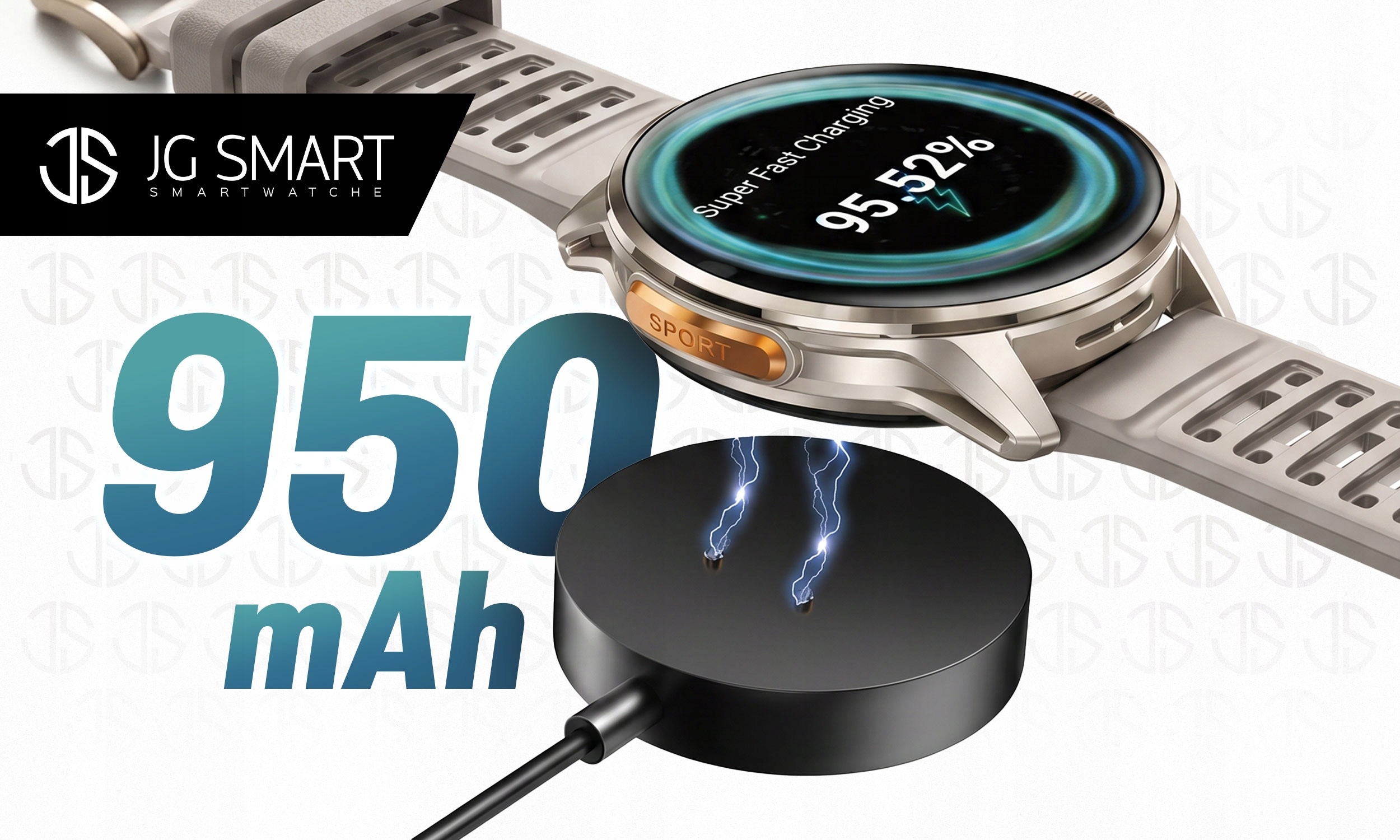 Smartwatch ze stacją ładującą, naładowany w 95,52%, 950 mAh.