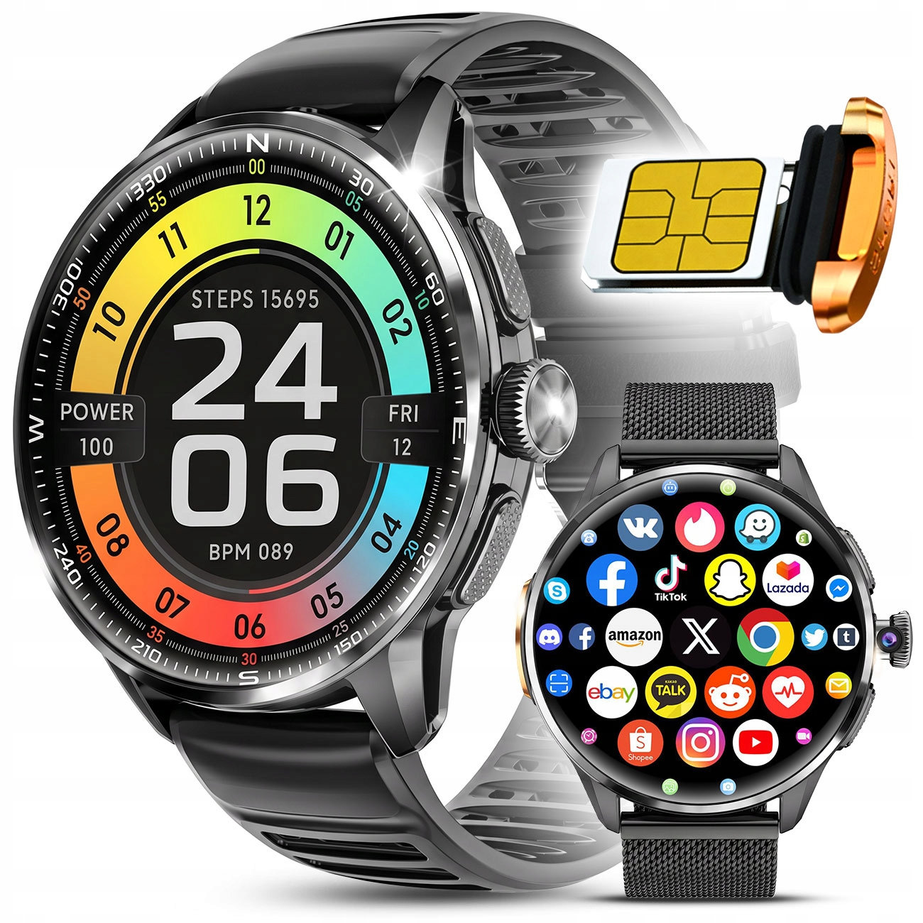 Smartwatch z gniazdem karty SIM i ikonami aplikacji na tarczy.