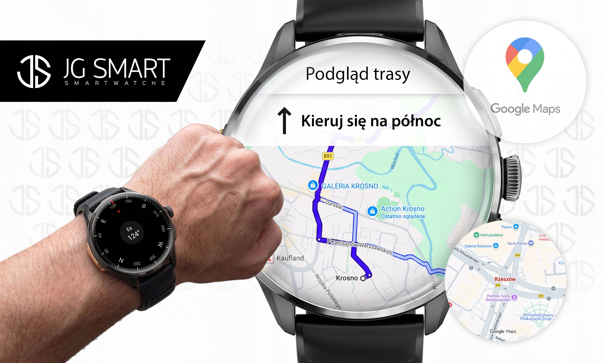 Zegarek inteligentny wyświetla trasę Google Maps z kompasem i odległością.