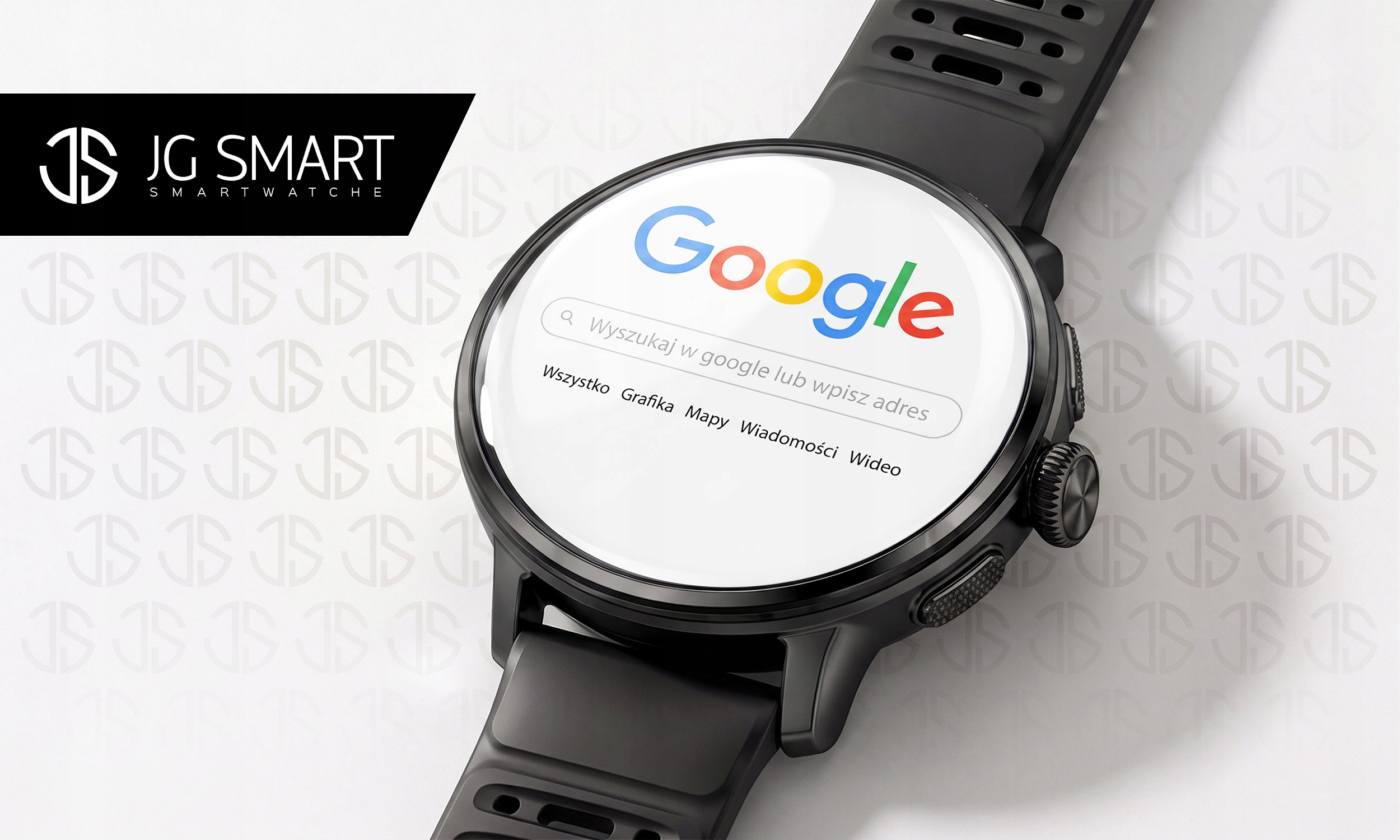 Czarny smartwatch z paskiem wyszukiwania Google na wyświetlaczu. Tło z wzorem logo.