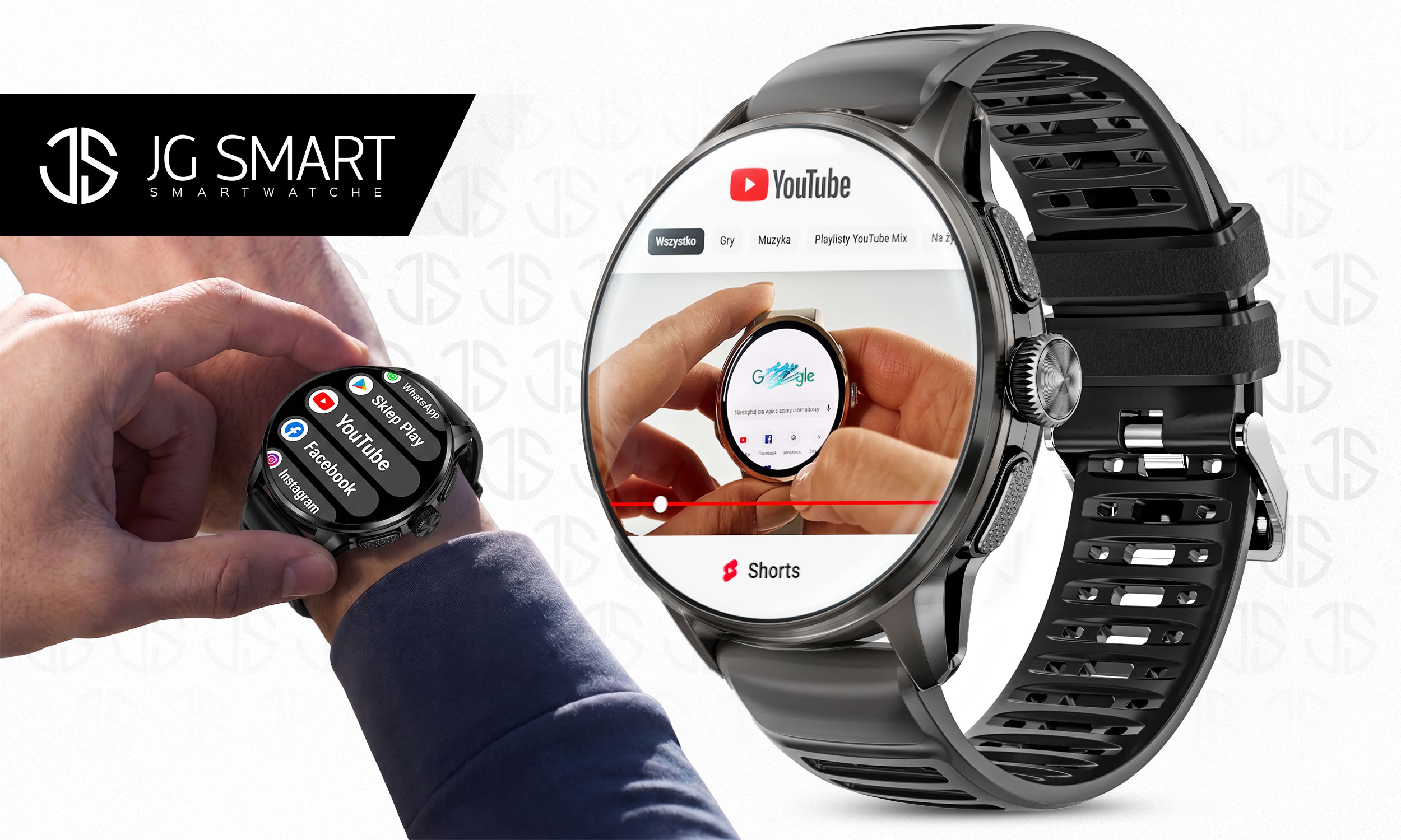 Smartwatch wyświetla YouTube. Ręka trzyma zegarek, pokazując aplikacje takie jak WhatsApp i Facebook.