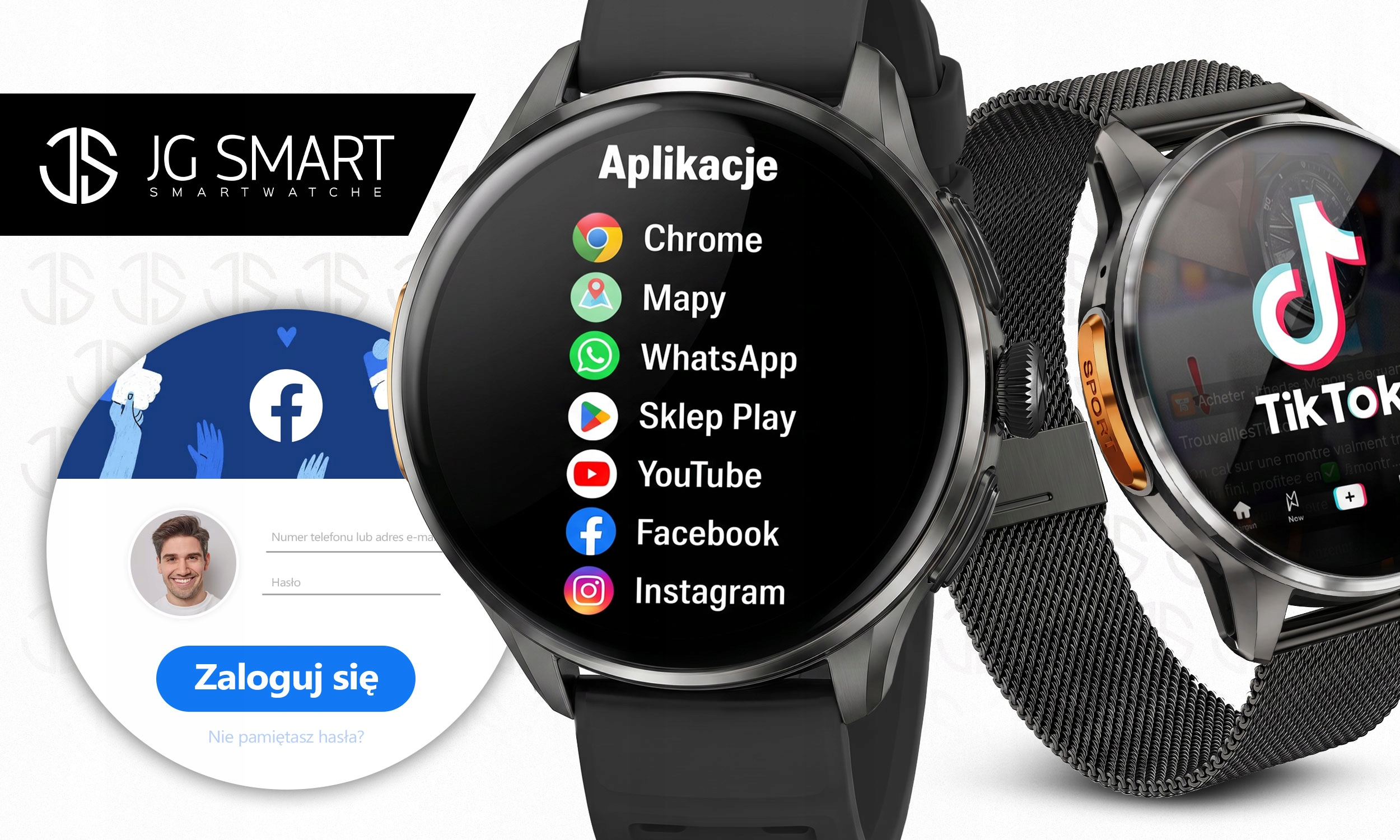Smartwatche wyświetlają ikony aplikacji: Chrome, Mapy, WhatsApp, Sklep Play, YouTube, Facebook, Instagram, TikTok.