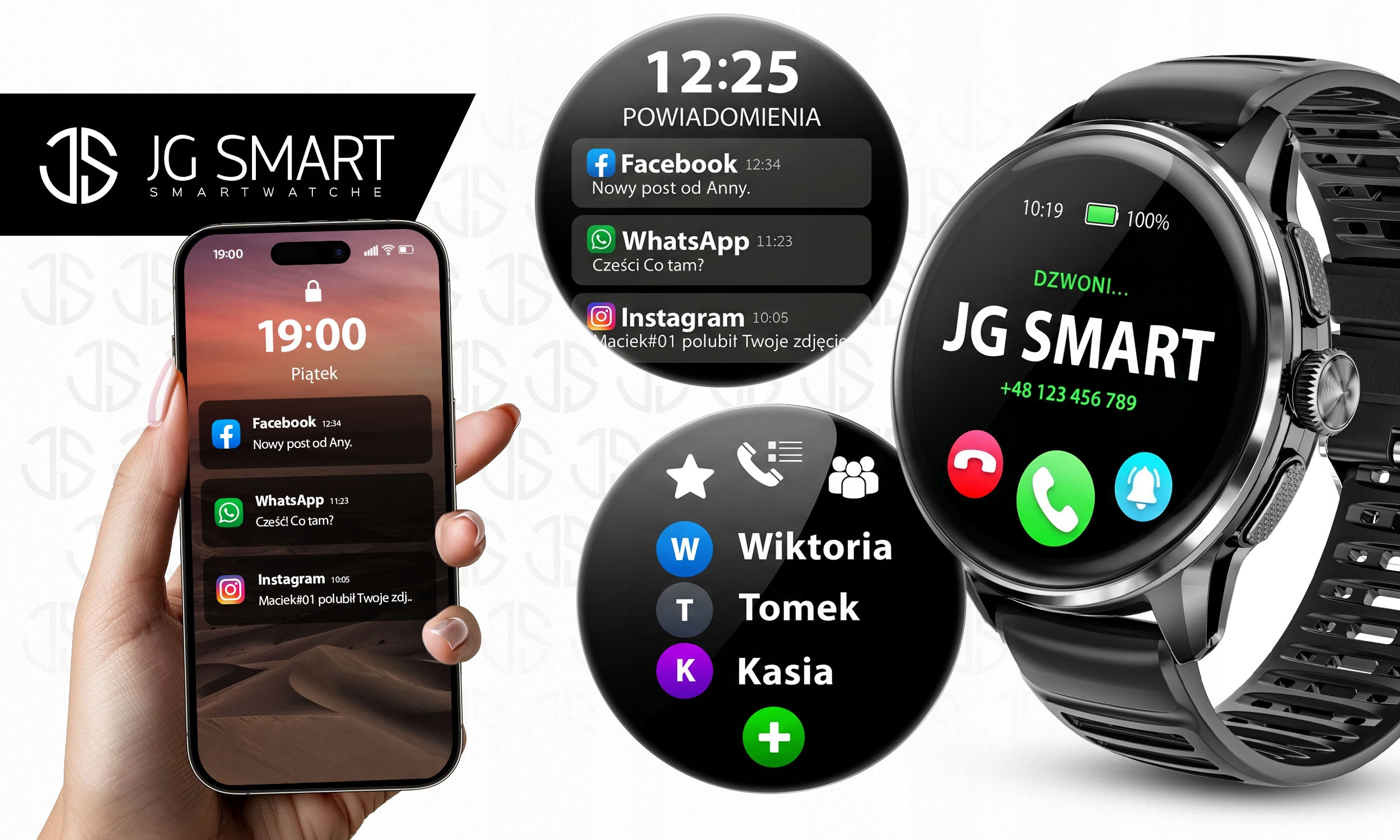 Smartwatch wyświetla powiadomienia. Telefon pokazuje godzinę i powiadomienia.