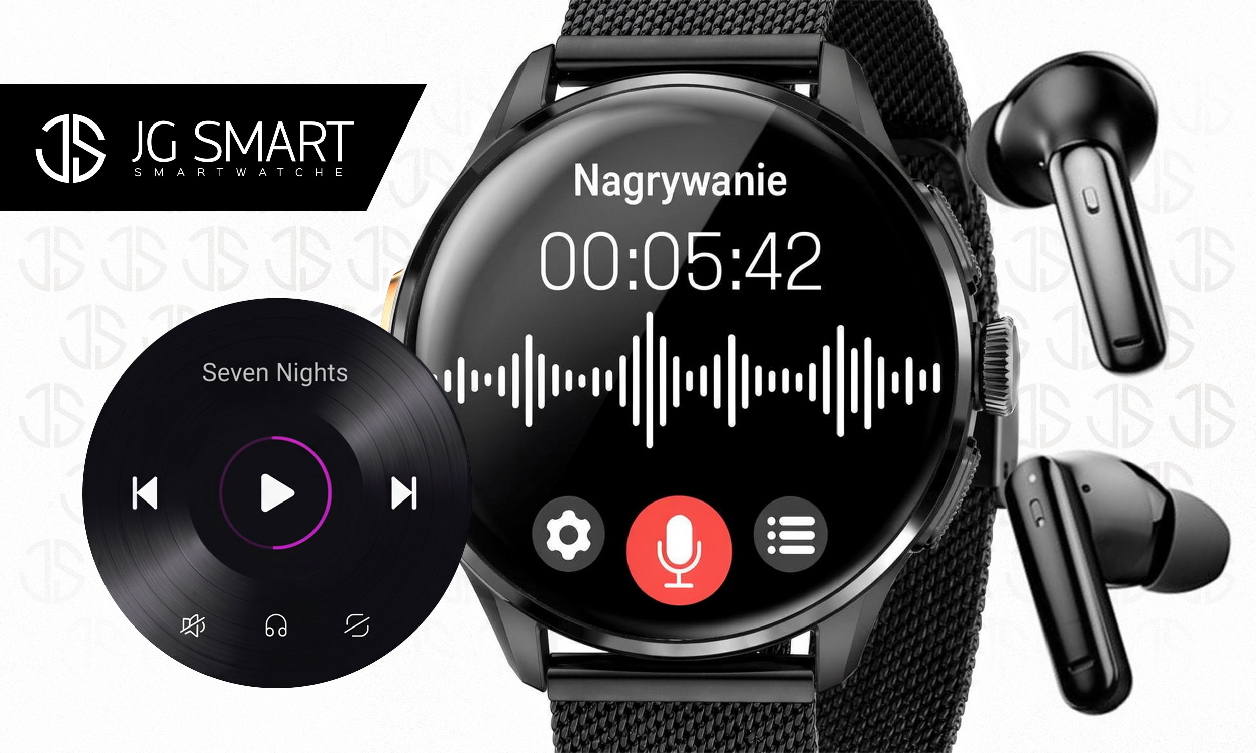 Smartwatch ze słuchawkami i płytą winylową odtwarzającą muzykę.