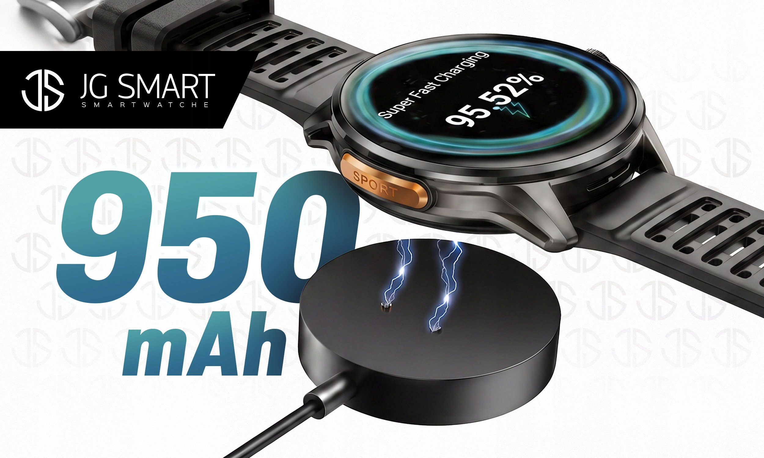 Smartwatch z 95,52% naładowania wyświetlany na ładowarce z błyskawicami.