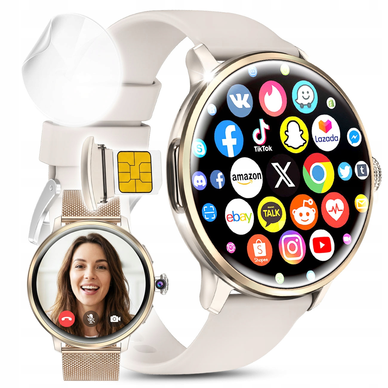 Smartwatch z białym paskiem, gniazdem na kartę SIM i wieloma ikonami aplikacji.