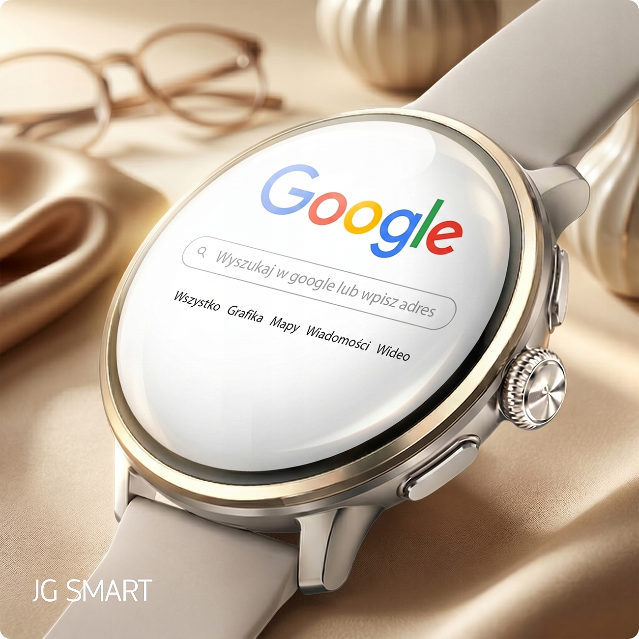 Zegarek smart z logo Google i paskiem wyszukiwania, obok okulary.