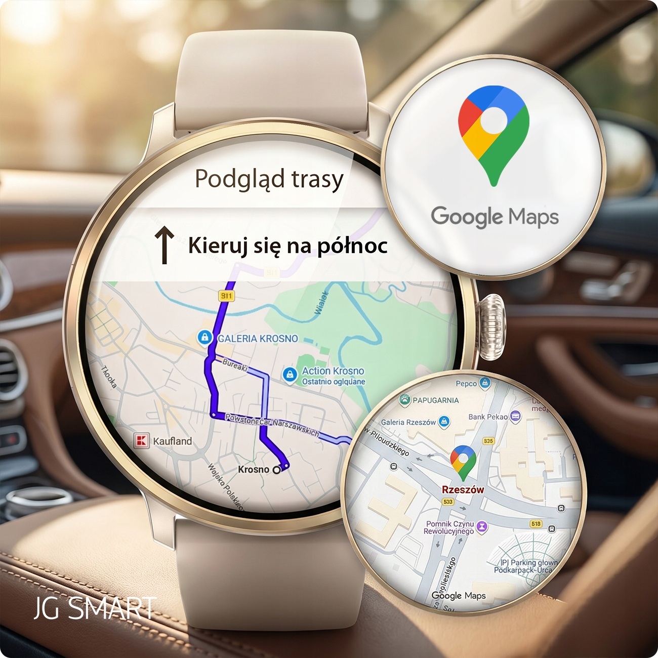 Smartwatch wyświetla nawigację Google Maps dla tras w Krośnie i Rzeszowie.