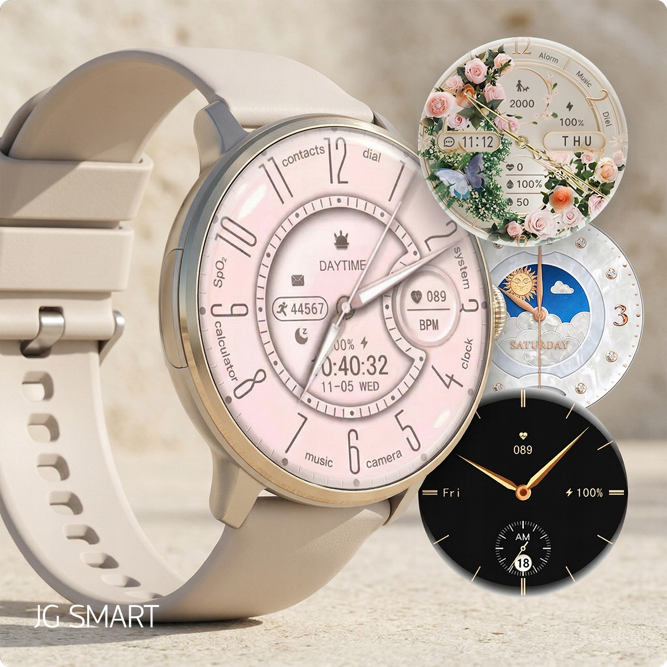 Kremowy smartwatch z wieloma tarczami: kwiatową, słońce/księżyc i cyfrową. Logo JG SMART.