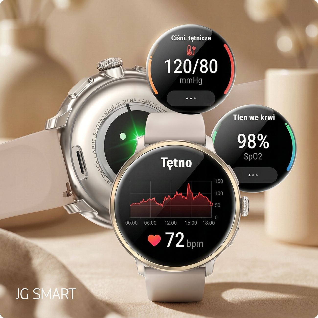 Smartwatch pokazuje ciśnienie 120/80, tętno 72 bpm, SpO2 98%.