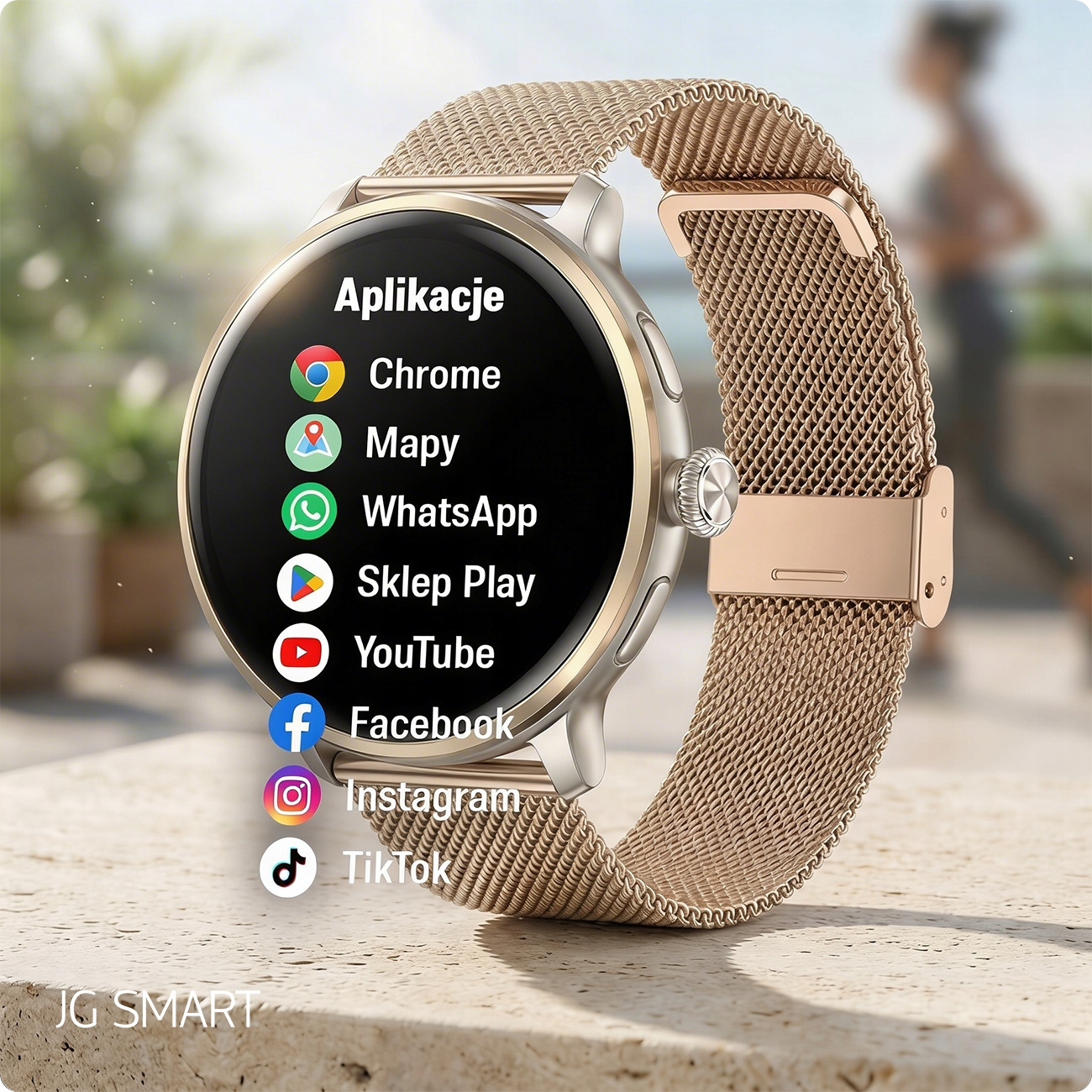 Złoty smartwatch wyświetla ikony aplikacji: Chrome, Mapy, WhatsApp, Sklep Play, YouTube, Facebook, Instagram, TikTok.
