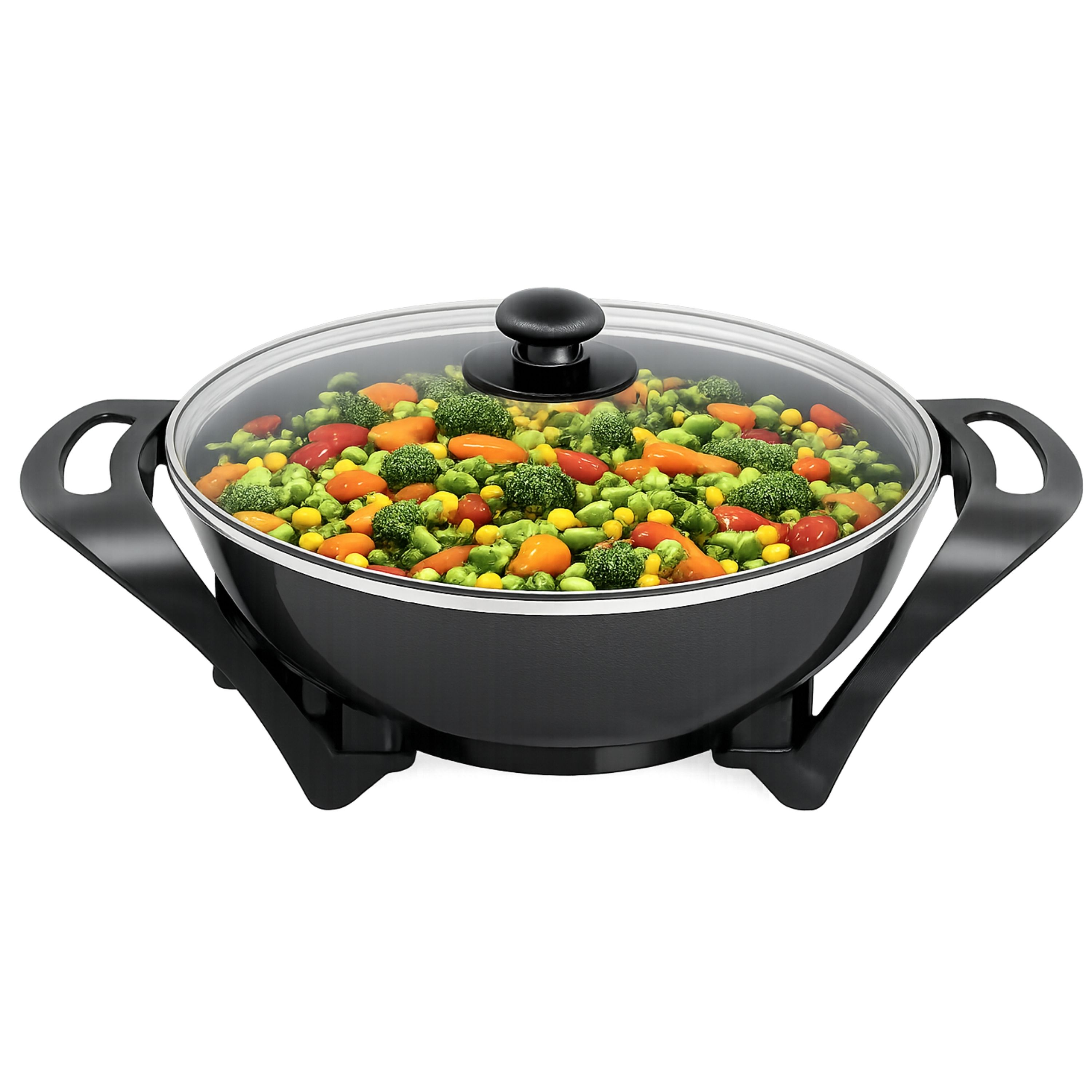 Una padella elettrica nera piena di verdure miste colorate, tra cui broccoli, carote, piselli e pomodori.