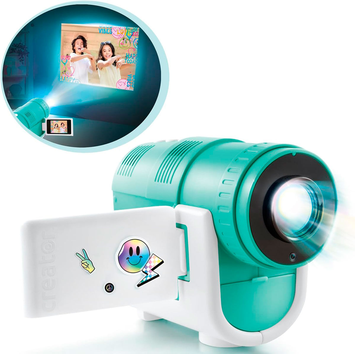 Un proyector turquesa con pantalla abatible que muestra a dos niños. Pegatinas adornan la pantalla.