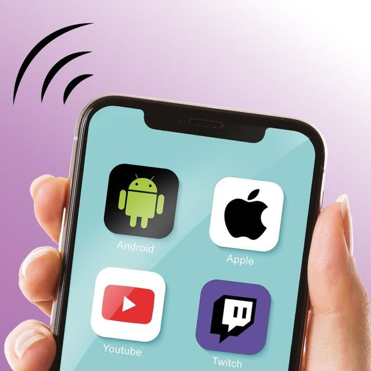 Mano sosteniendo smartphone con iconos de apps: Android, Apple, YouTube, Twitch. Señal Wi-Fi.