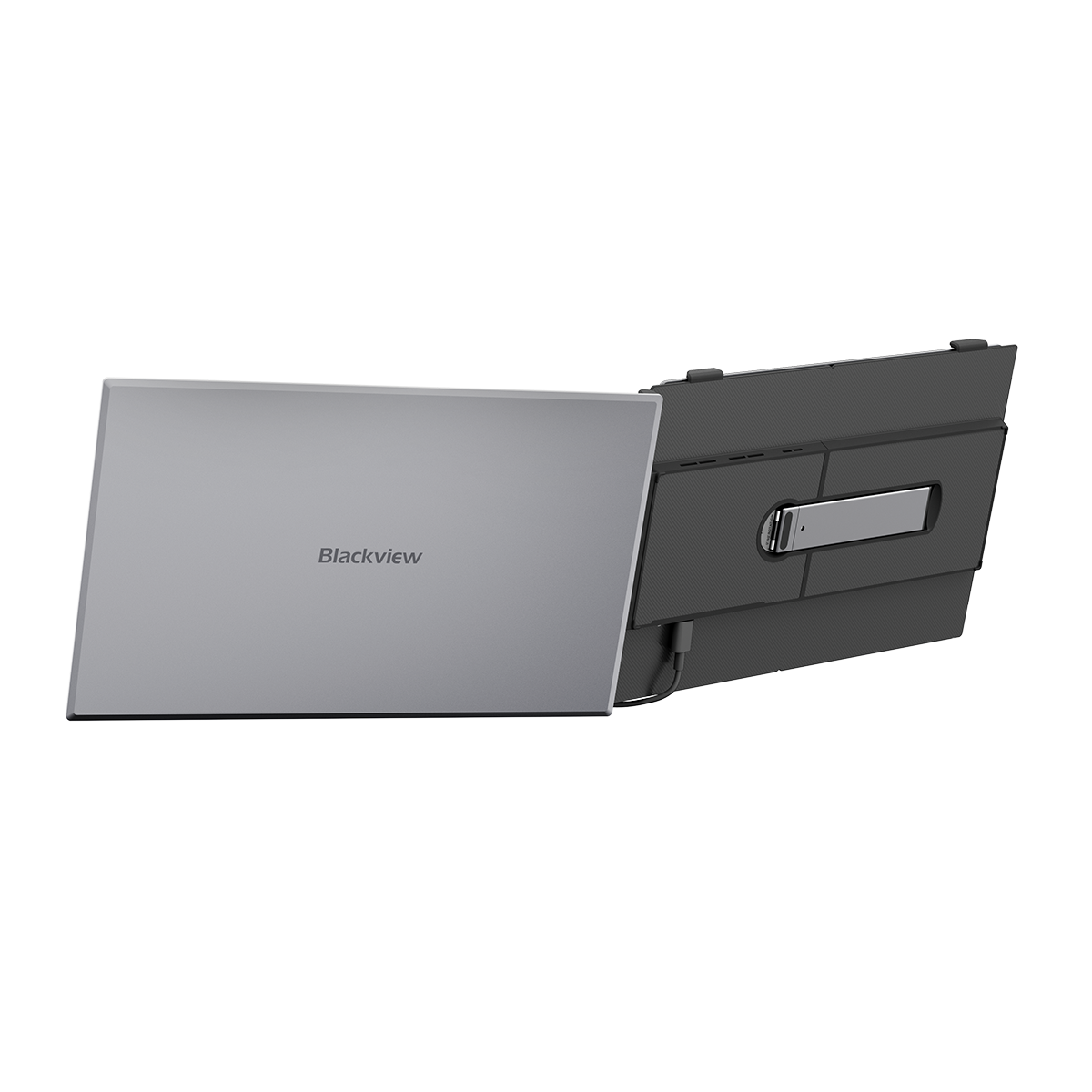 Srebrny laptop Blackview z czarnym etui akcesoryjnym i podstawką.