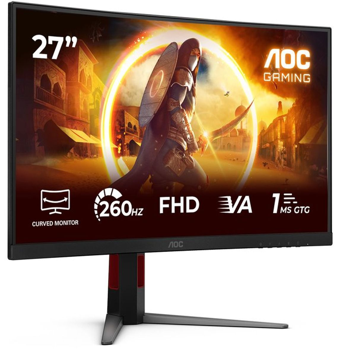 Un écran gaming incurvé AOC de 27 pouces affiche une scène fantastique avec un guerrier.