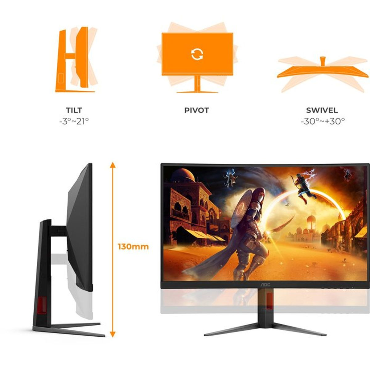 Monitor mit Verstellmöglichkeiten, Seitenansicht und Spielszene.