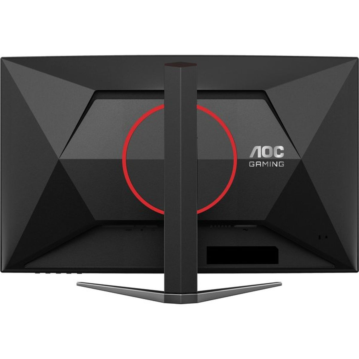 Vue arrière d'un moniteur AOC Gaming noir avec détail de cercle rouge et pied argenté.