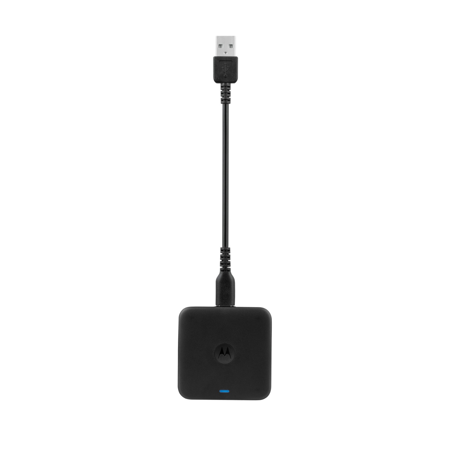 Ein schwarzes Motorola-Ladegerät mit USB-Kabel auf weißem Hintergrund.
