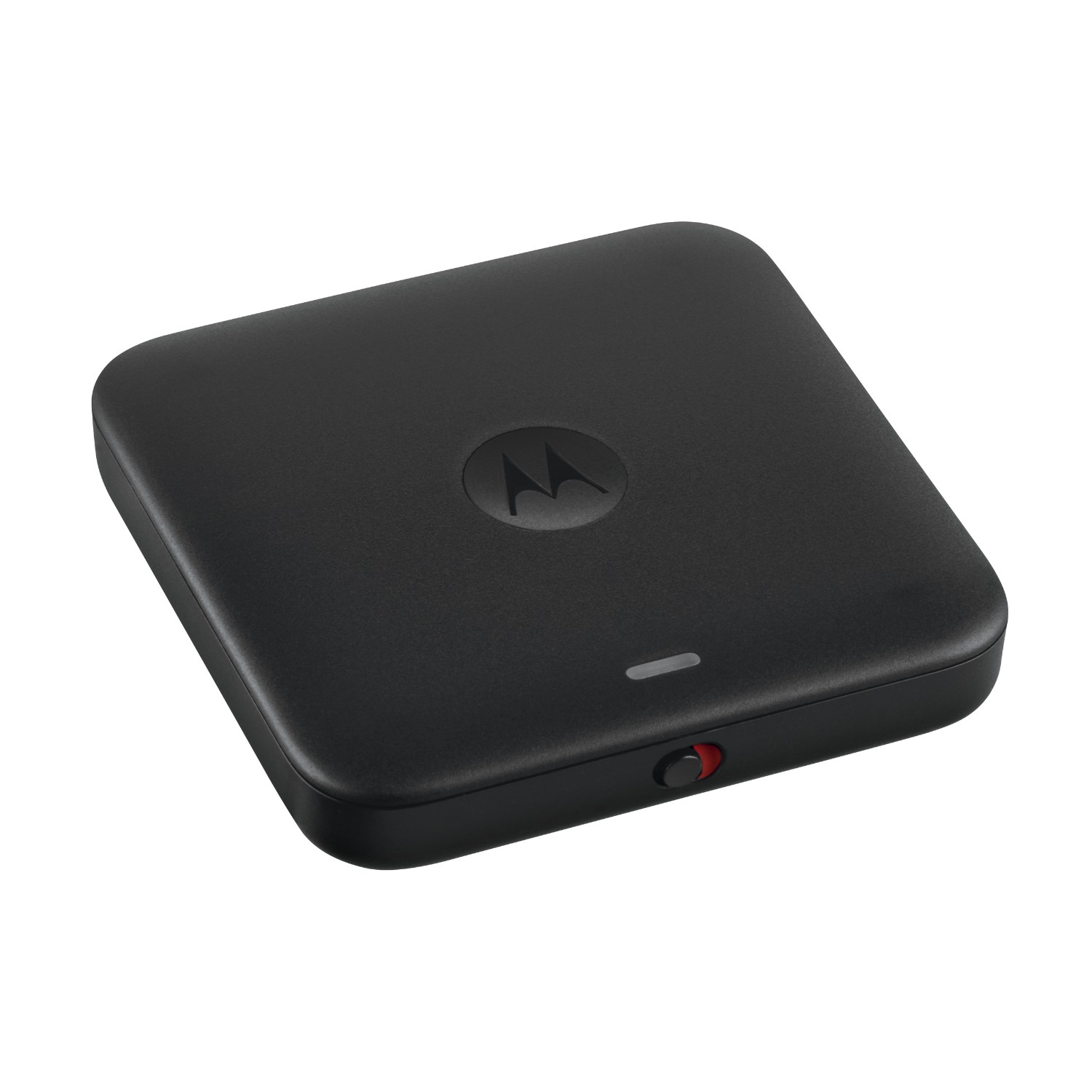 Ein schwarzes Motorola kabelloses Ladegerät mit dezentem Logo und Ladeanzeige.