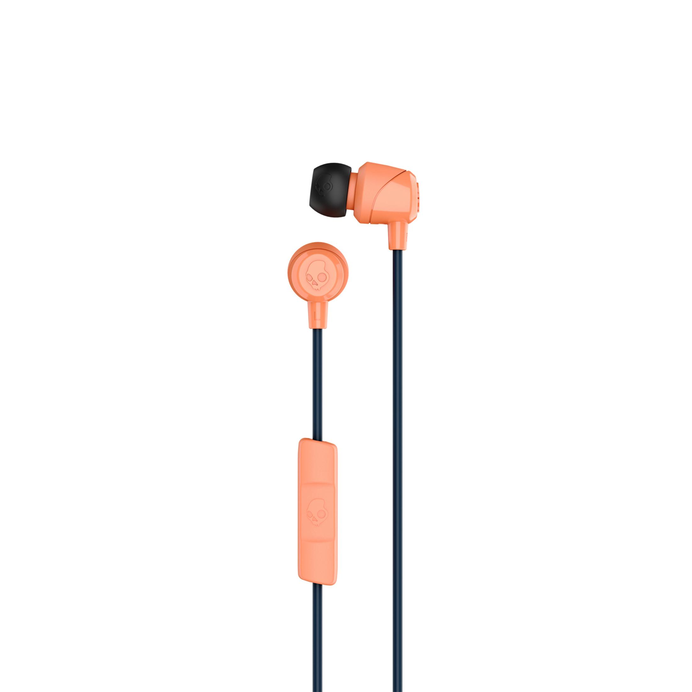 Auriculares intrauditivos naranjas con punta negra y cable azul.