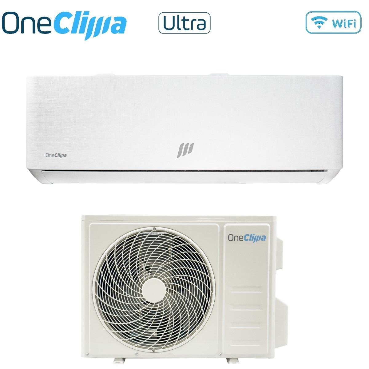Un condizionatore bianco con unità interna ed esterna, logo del marchio e simbolo WiFi.