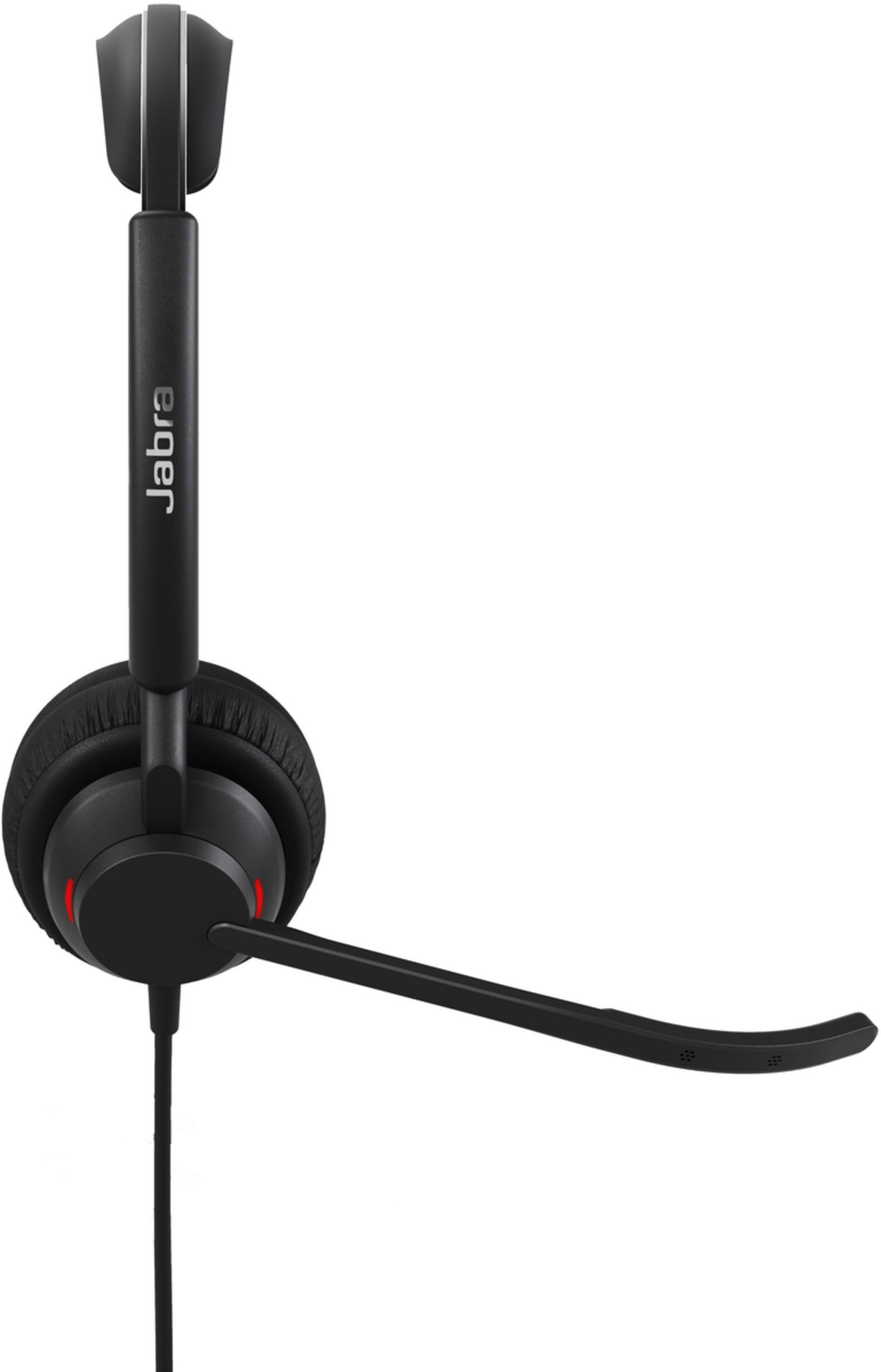 Black Jabra headset with microphone and red accent.