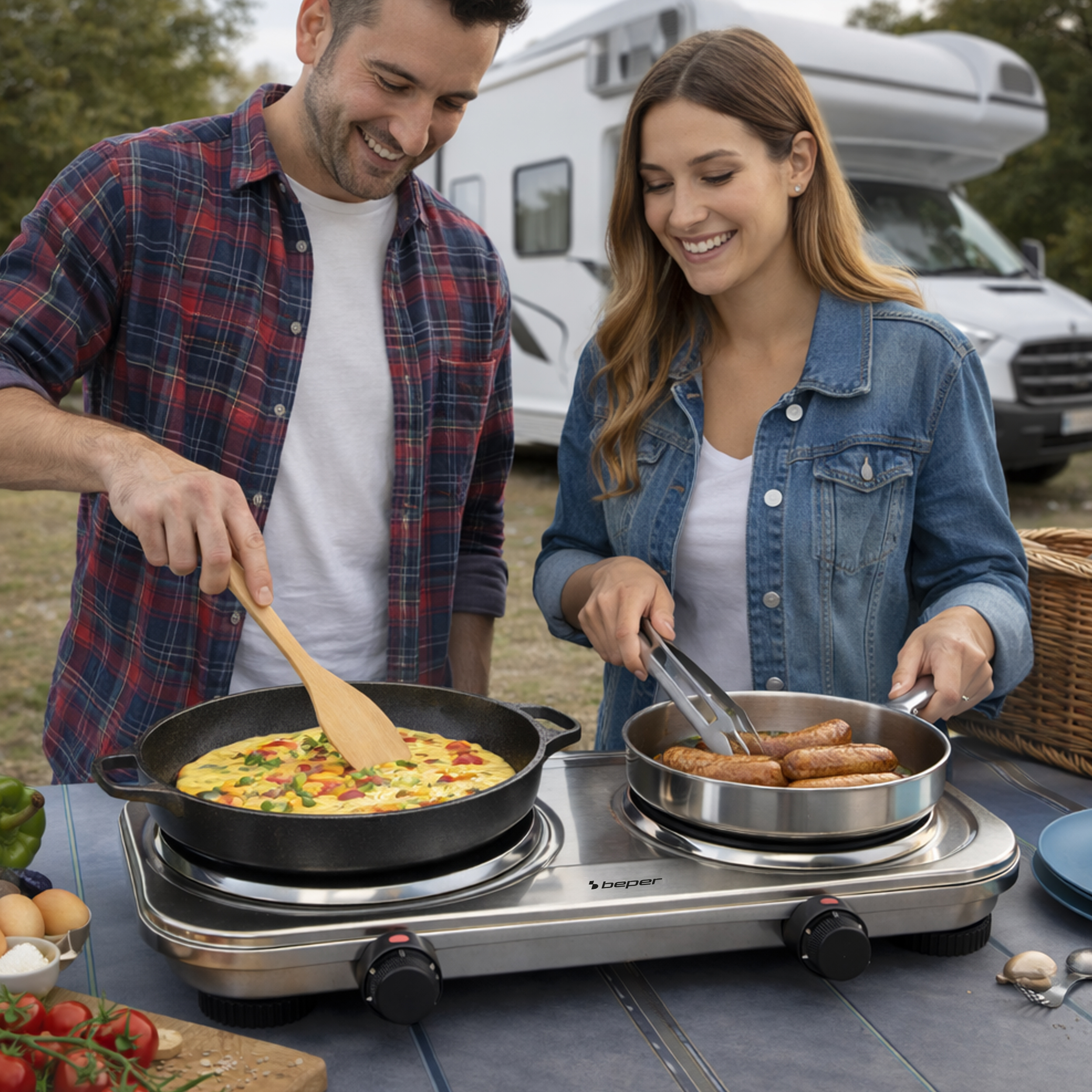 Uomo e donna cucinano all'aperto vicino a un camper. Vengono preparate una frittata e salsicce.