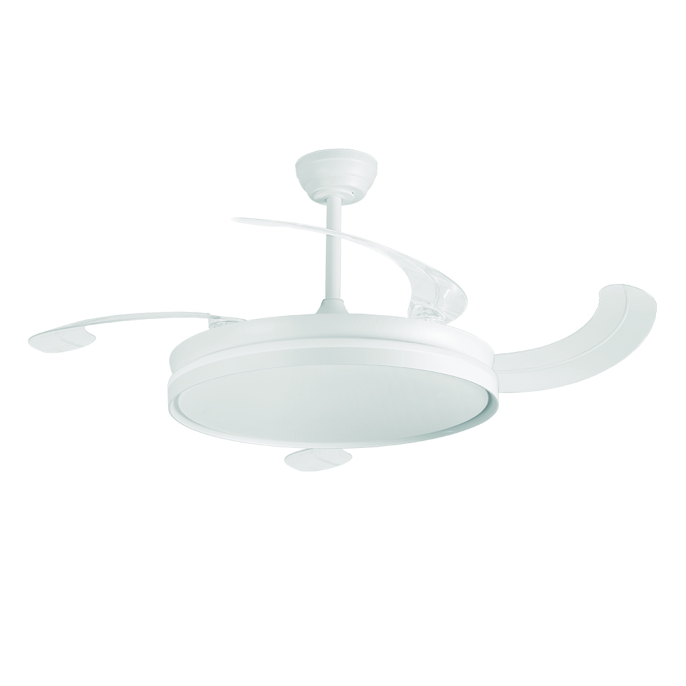 Un ventilador de techo blanco con aspas retráctiles e iluminación integrada.