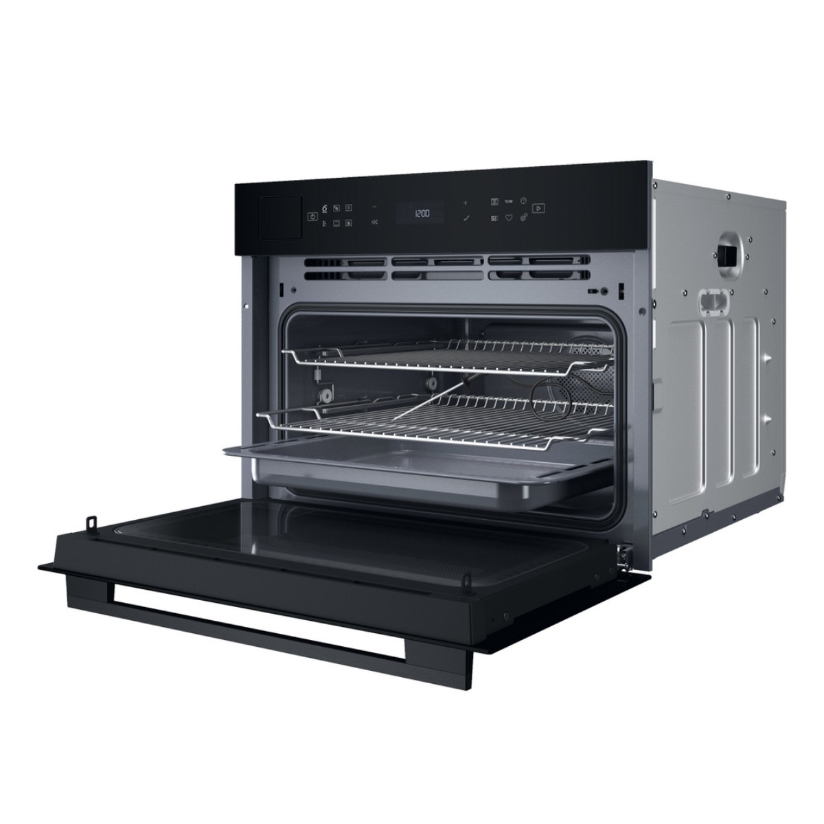 Un horno abierto y moderno con panel de control negro y interior plateado. Con rejillas y bandeja.
