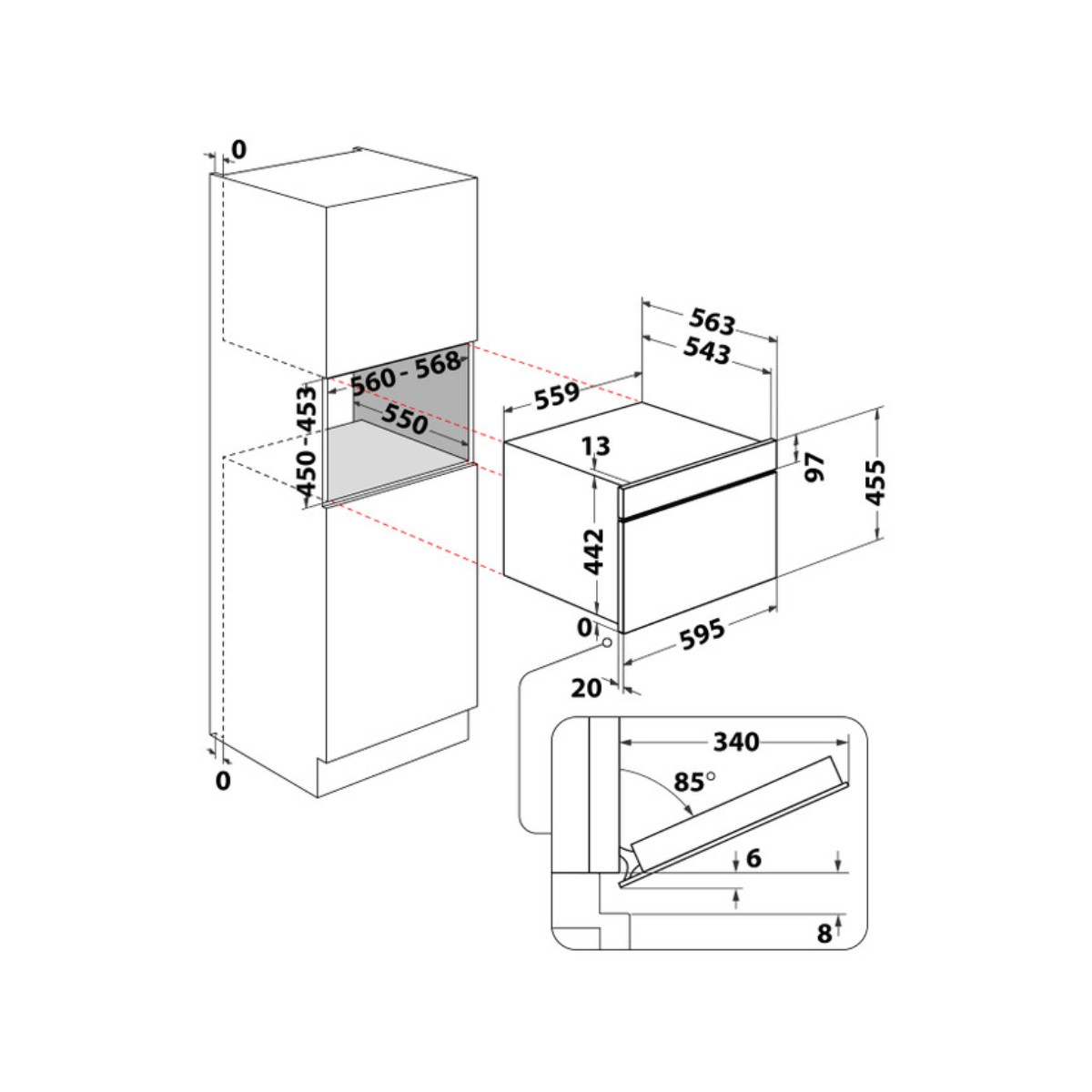 Dibujo técnico de un electrodoméstico empotrado con medidas y ángulos.