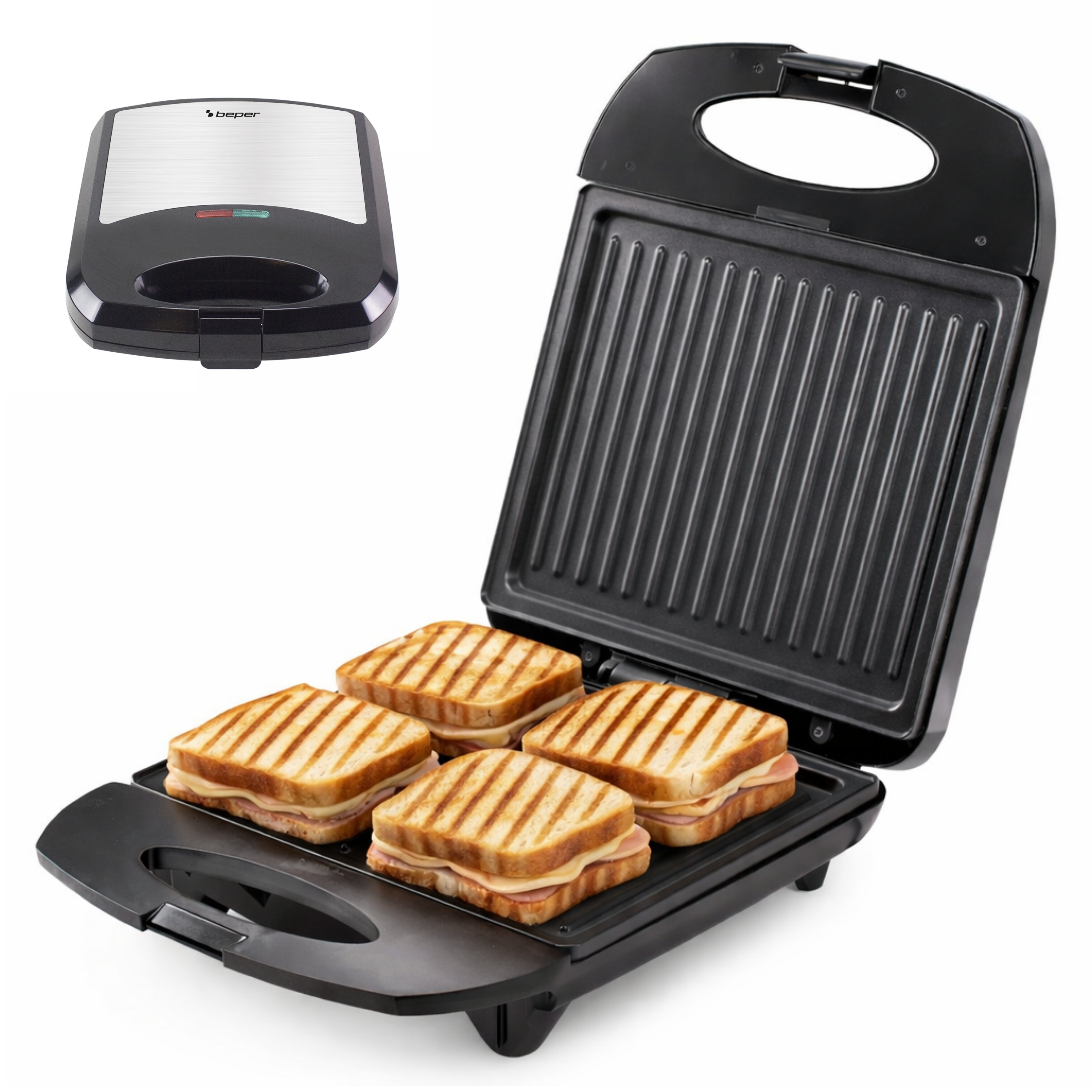 Un tostapane aperto con quattro toast grigliati, accanto un tostapane chiuso.