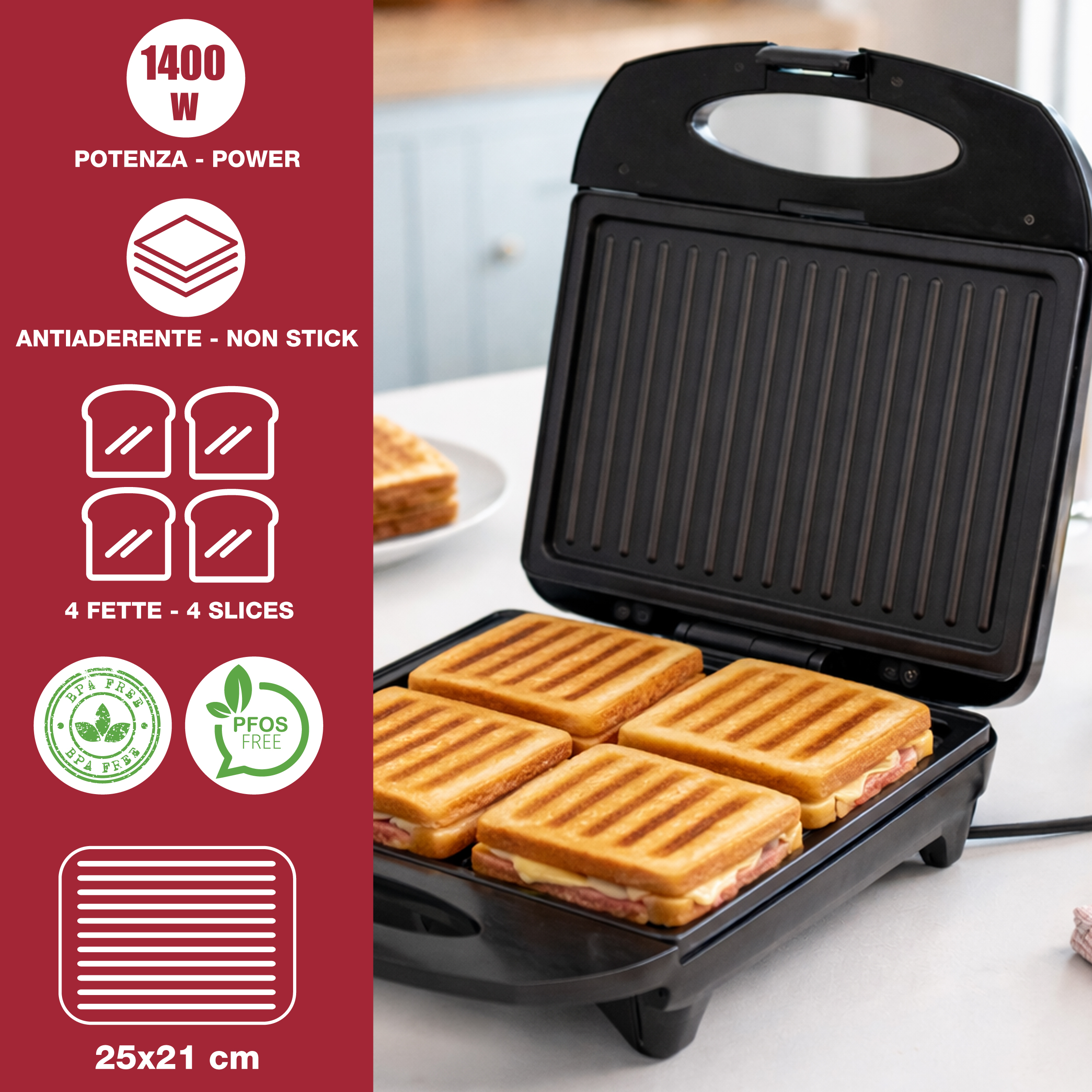 Un tostapane nero con quattro toast pronti.