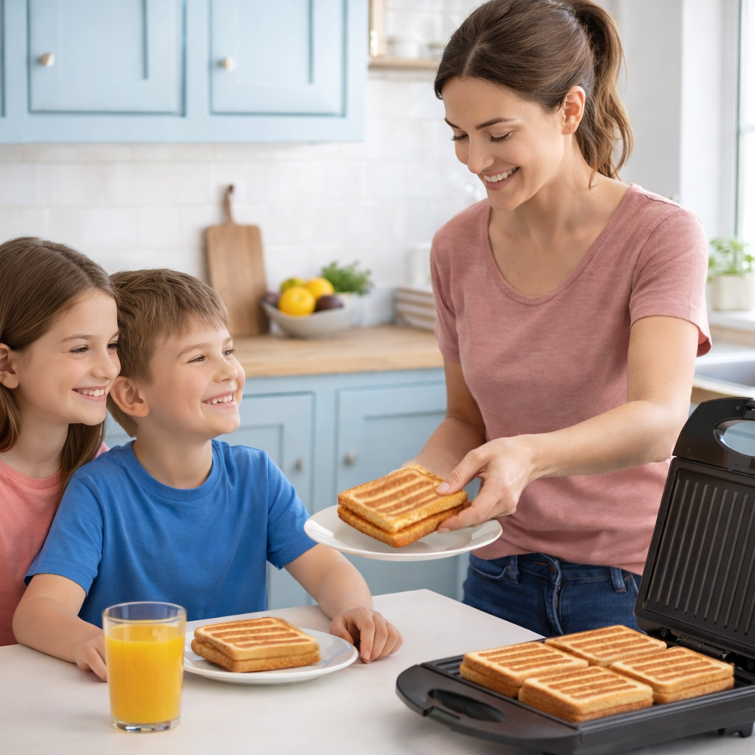 Una donna serve sandwich ai bambini in cucina. Si vede una piastra per sandwich.