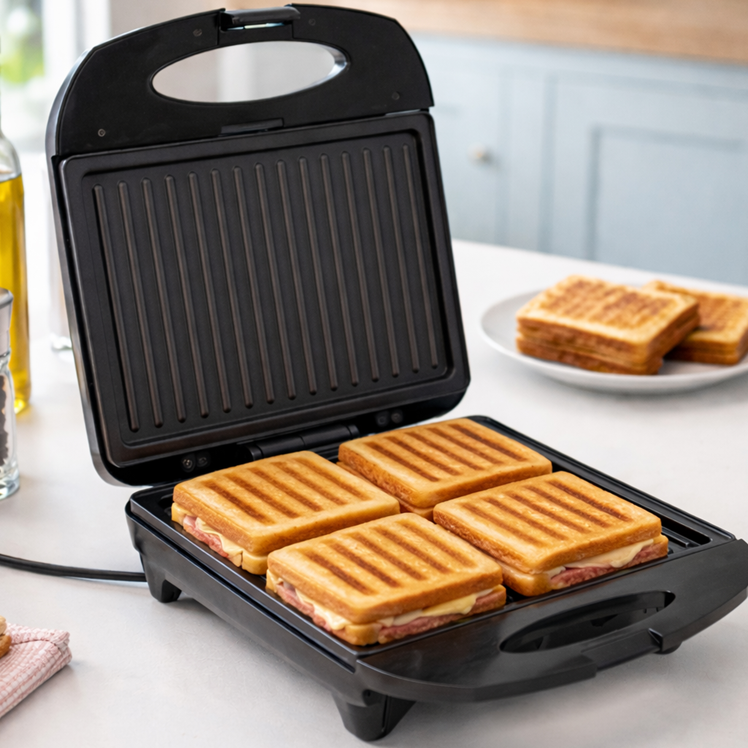 Un tostapane aperto con quattro toast grigliati e formaggio fuso all'interno.