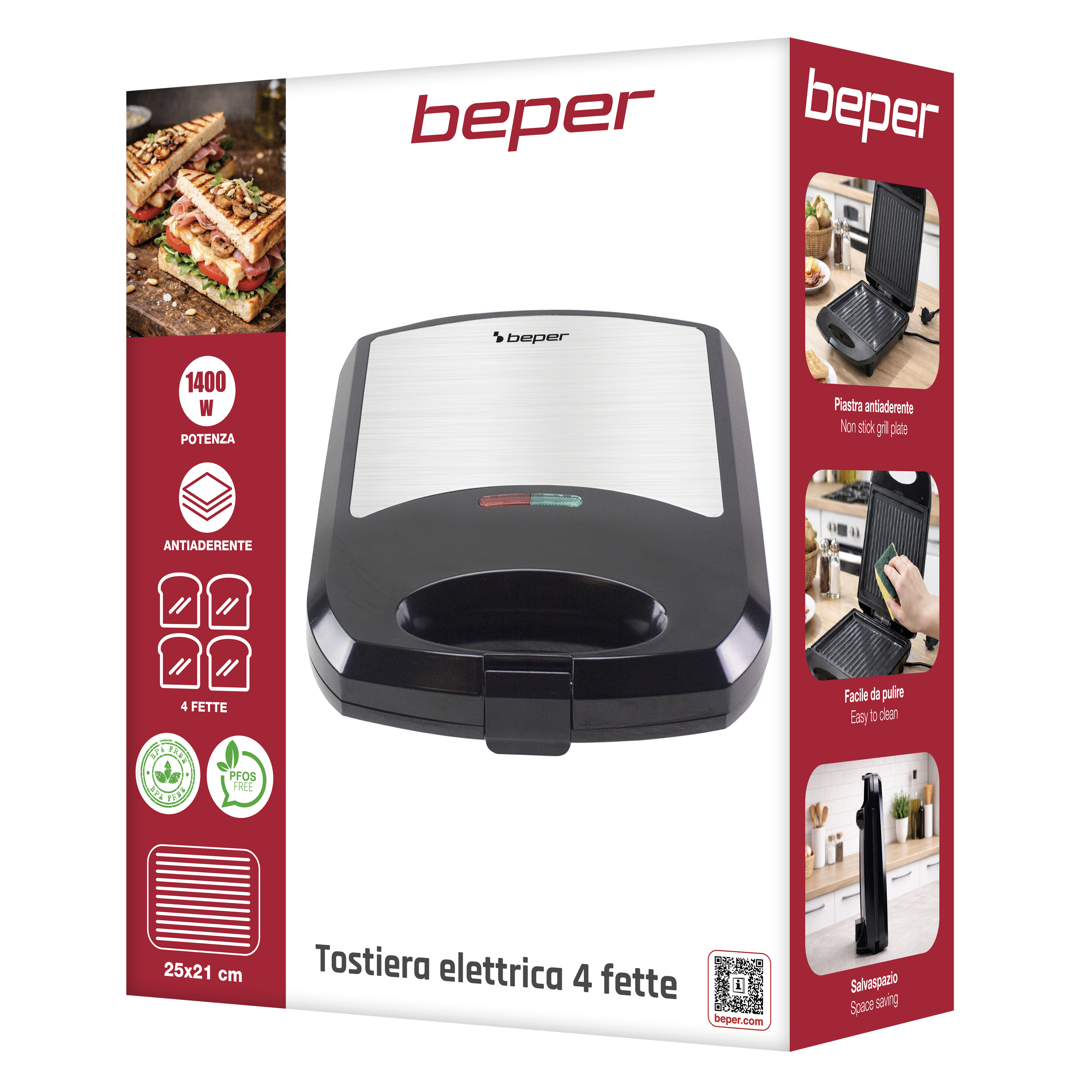 Tostapane elettrico Beper 4 fette, 1400W, antiaderente, senza BPA/PFOS.