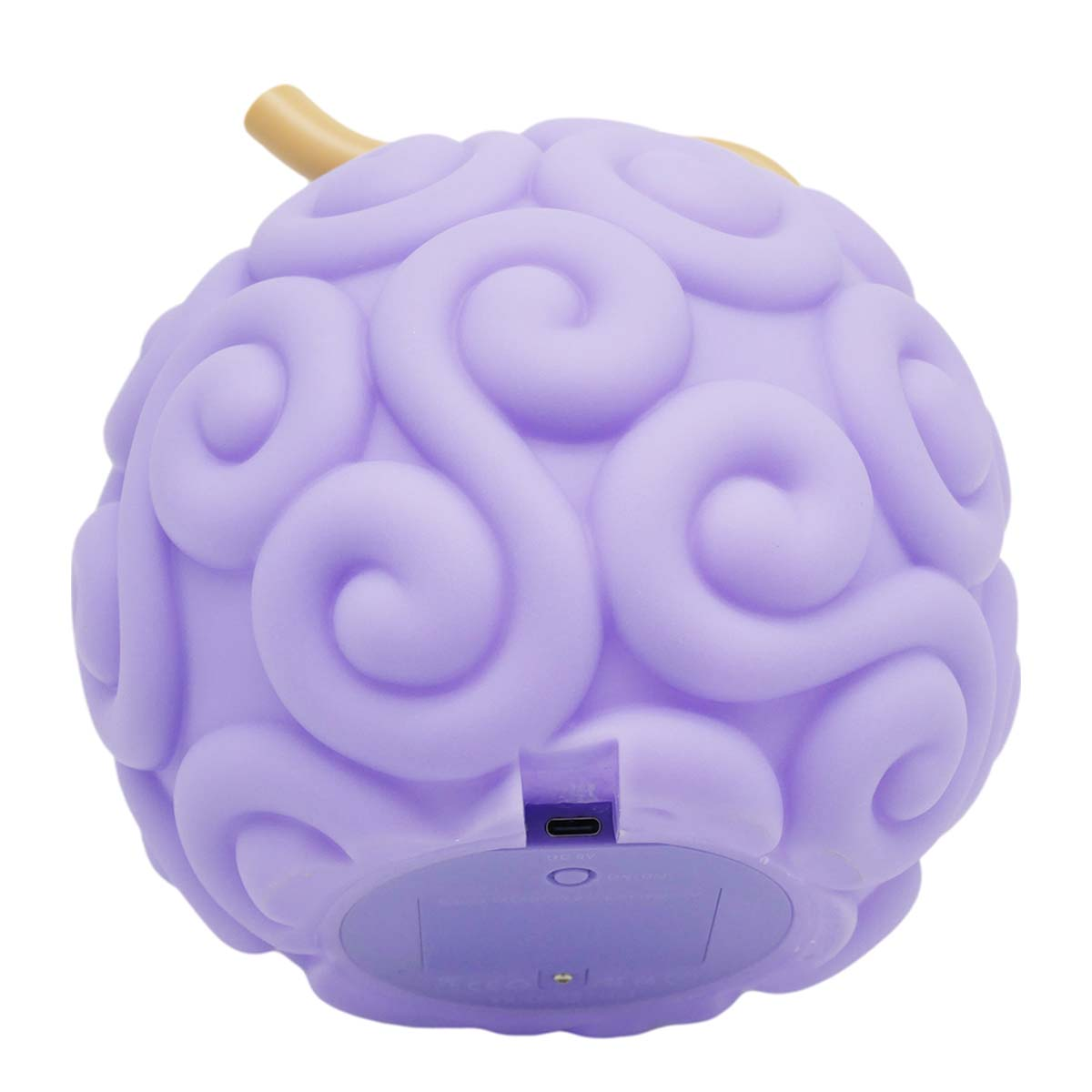 Un oggetto viola e rotondo con motivi vorticosi e un gambo color cuoio in cima.