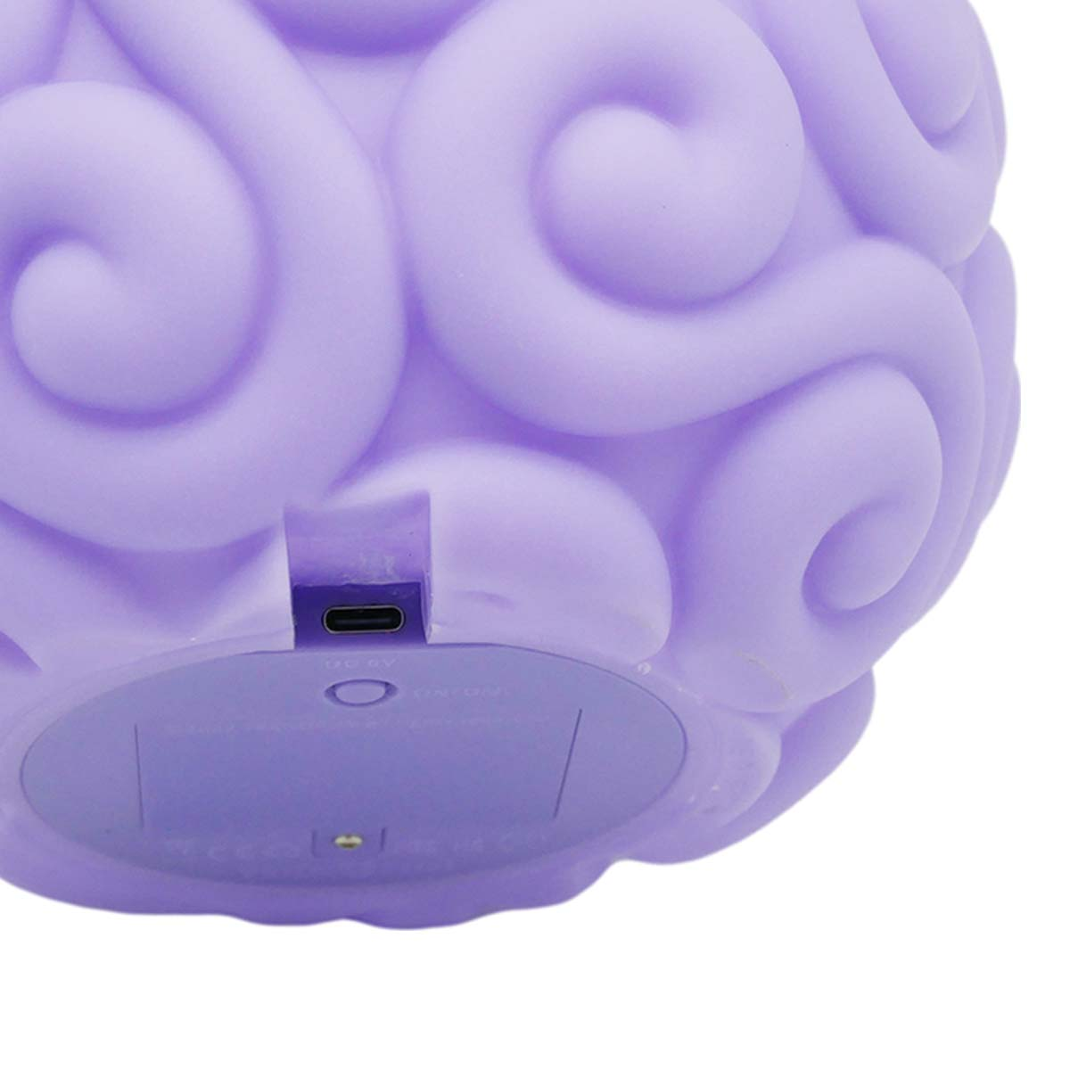 Lampada viola a forma di cervello con porta USB-C e interruttore.