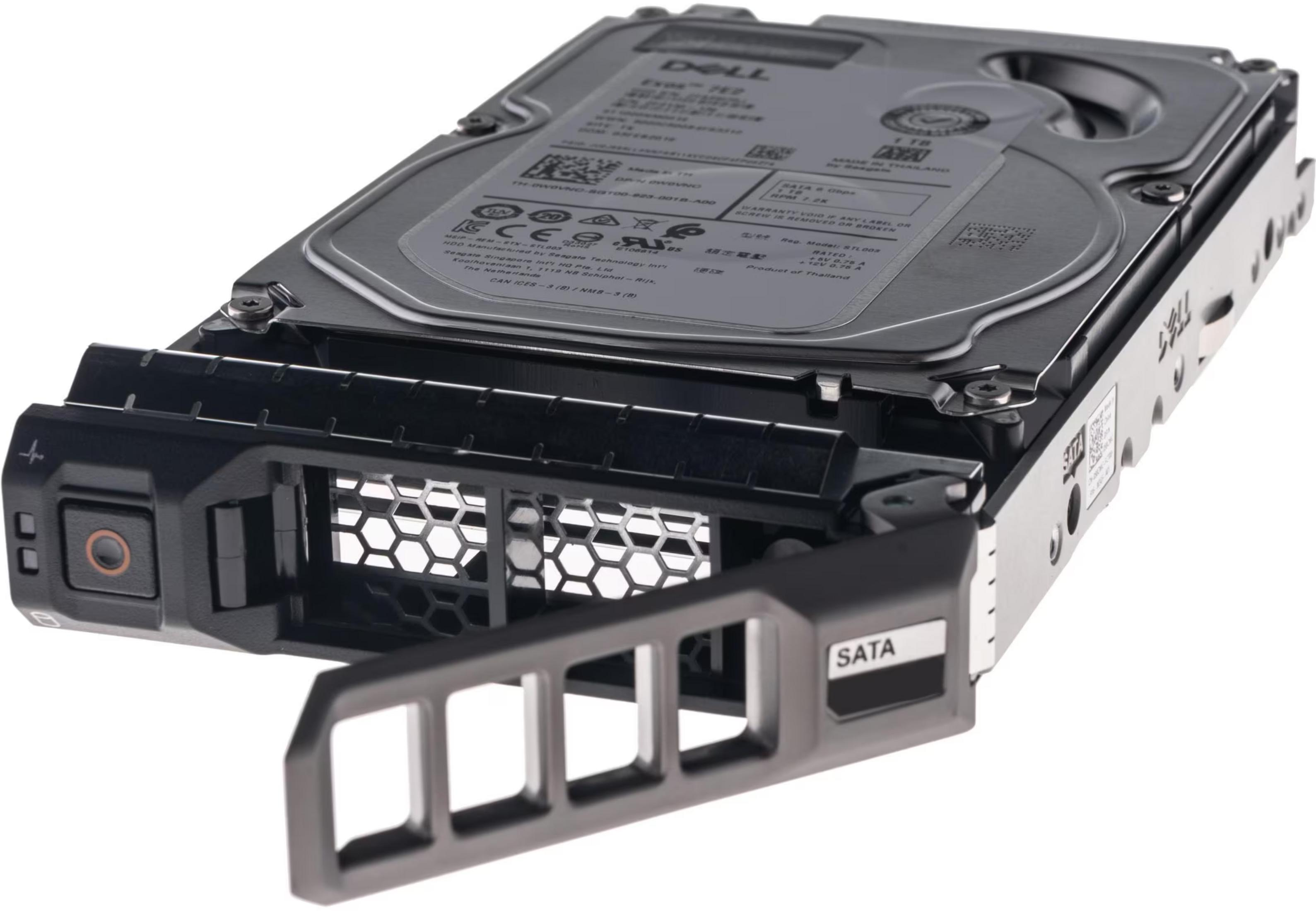 Un disco duro SATA Dell de 1 TB en carcasa negra con su bandeja frontal abierta.